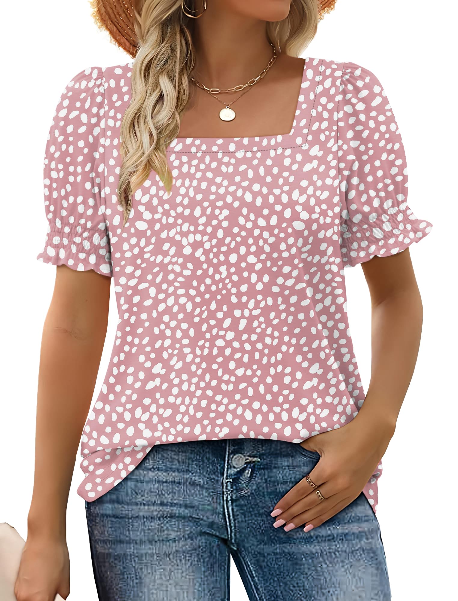 WEESO Womens Summer Tops 2025 Trendy Square Neck Blouses Short Puff Sleeve Shirts