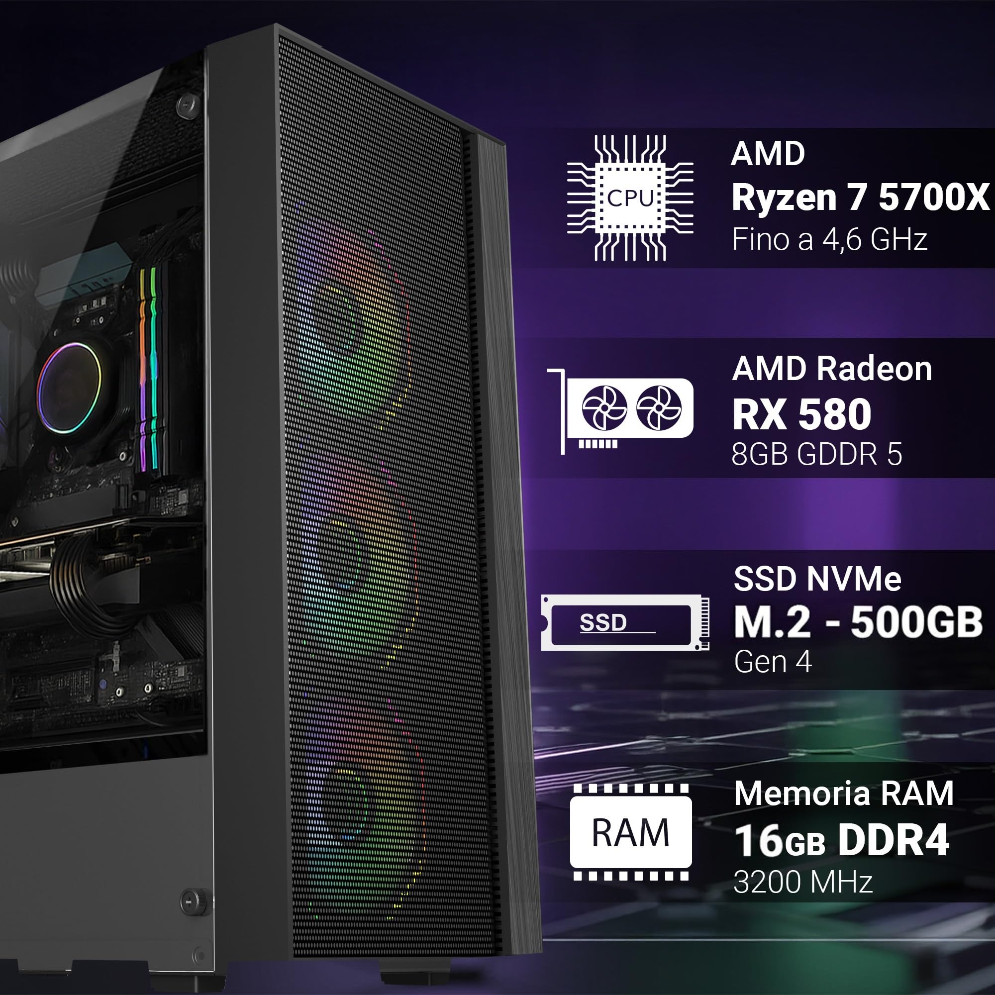 PC Gaming Fisso - Computer Gaming AMD Ryzen 7 5700X • Scheda Video RX 580 8GB • RAM 16GB DDR4 • SSD 500GB M.2 • Wi-Fi AC e Bluetooth • HDMI e DisplayPort • USB 3.2 • Windows 11 Pro