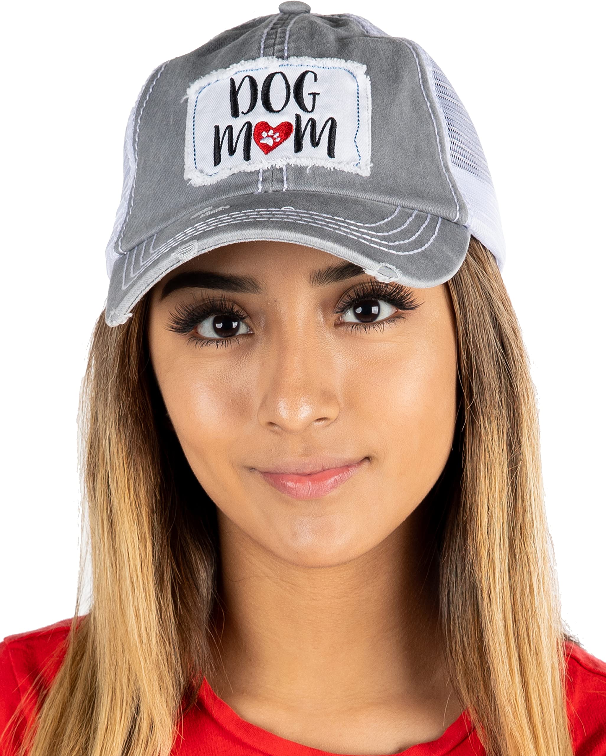 Funky Junque Unisex Lab Mom Hat Mesh Trucker Baseball Cap with Distressed Vintage Patch, Adjustable Snapback, 100% Cotton - Dog Mom - Grey