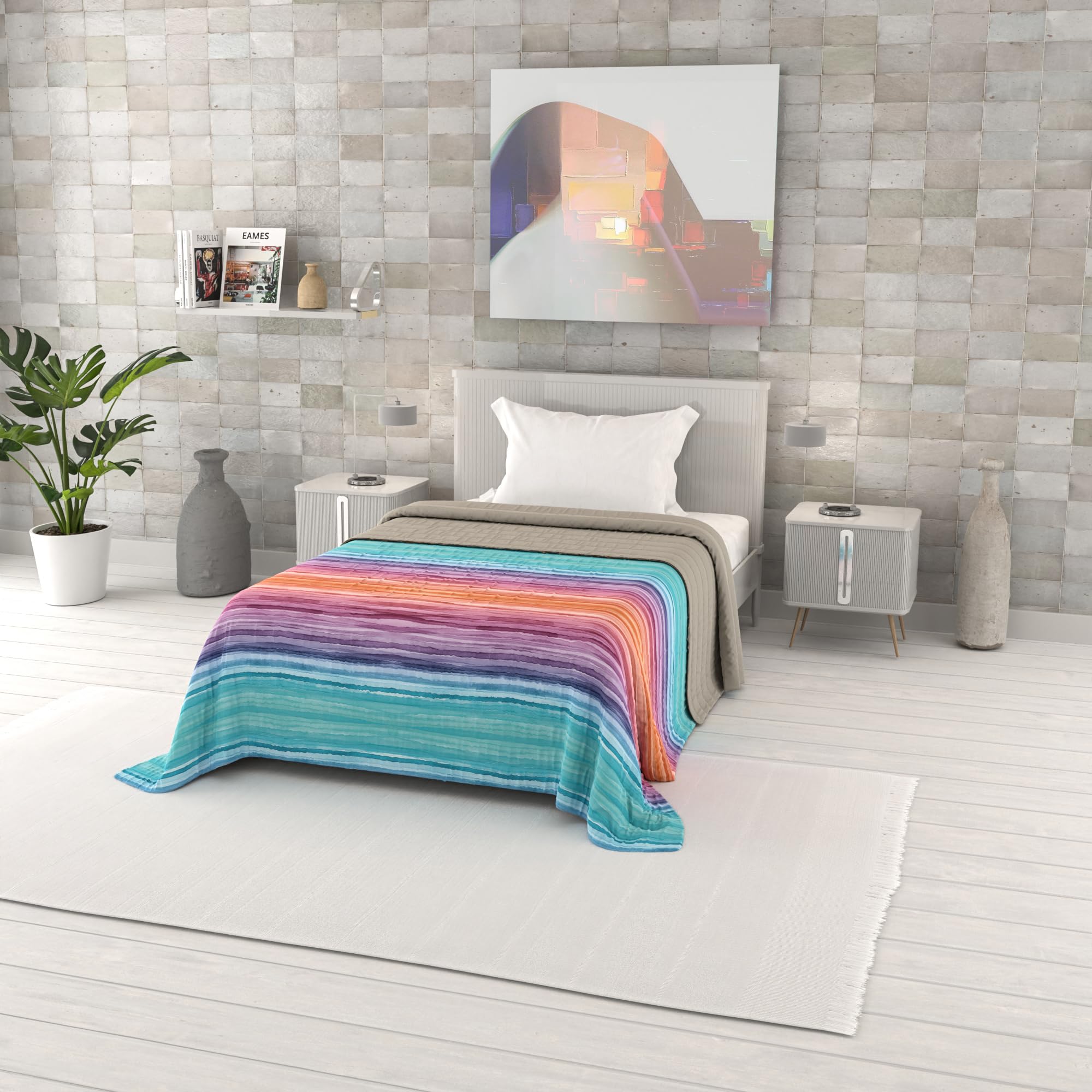 Italian Bed Linen Fantasy Printed Summer Quilt, Polyester Filling, Rainbow, 170 x 270 cm