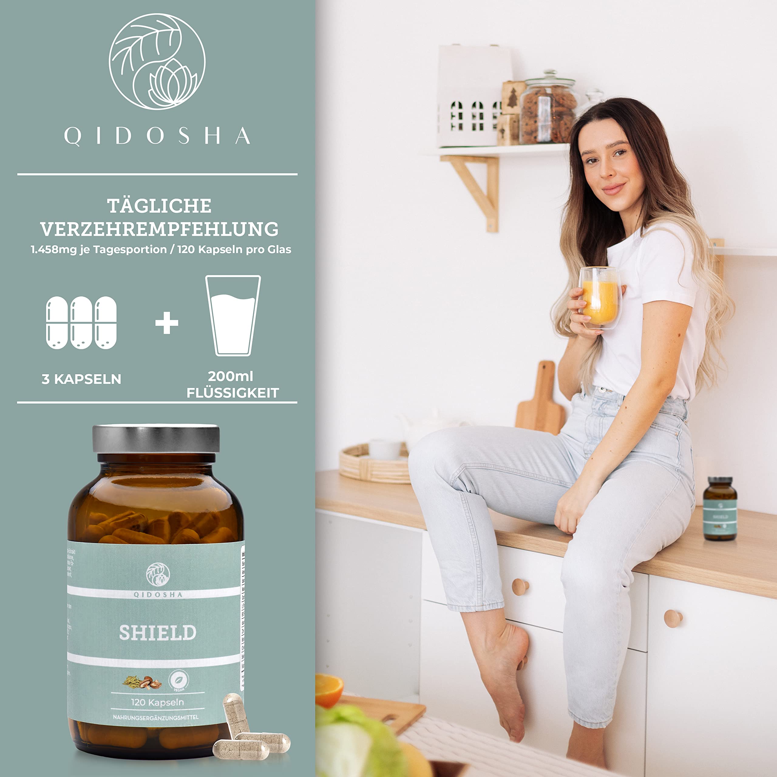 QIDOSHA® SHIELD Jod Selen Komplex für die Schilddrüse², plus L-Tyrosin, Eisen, Zink, Ashwagandha, Cordyceps, Agaricus blazei & den Vitaminen A, D3, B12, natürlich und vegan, 120 Kapseln