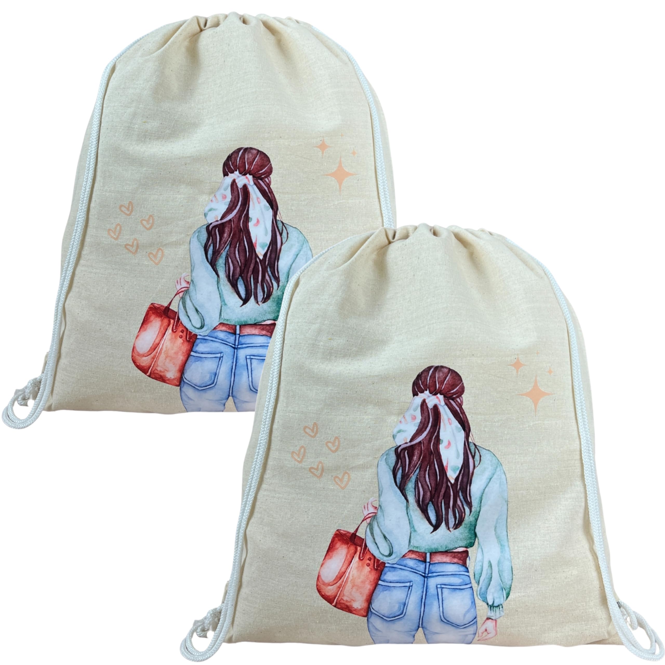 Cream Cotton Jute Drawstring Backpacks – City Girl Print | Eco-Friendly Reusable Bags for Women | Lightweight & Spacious for Gym, Travel & Outdoor (Pack of 2)-image-32