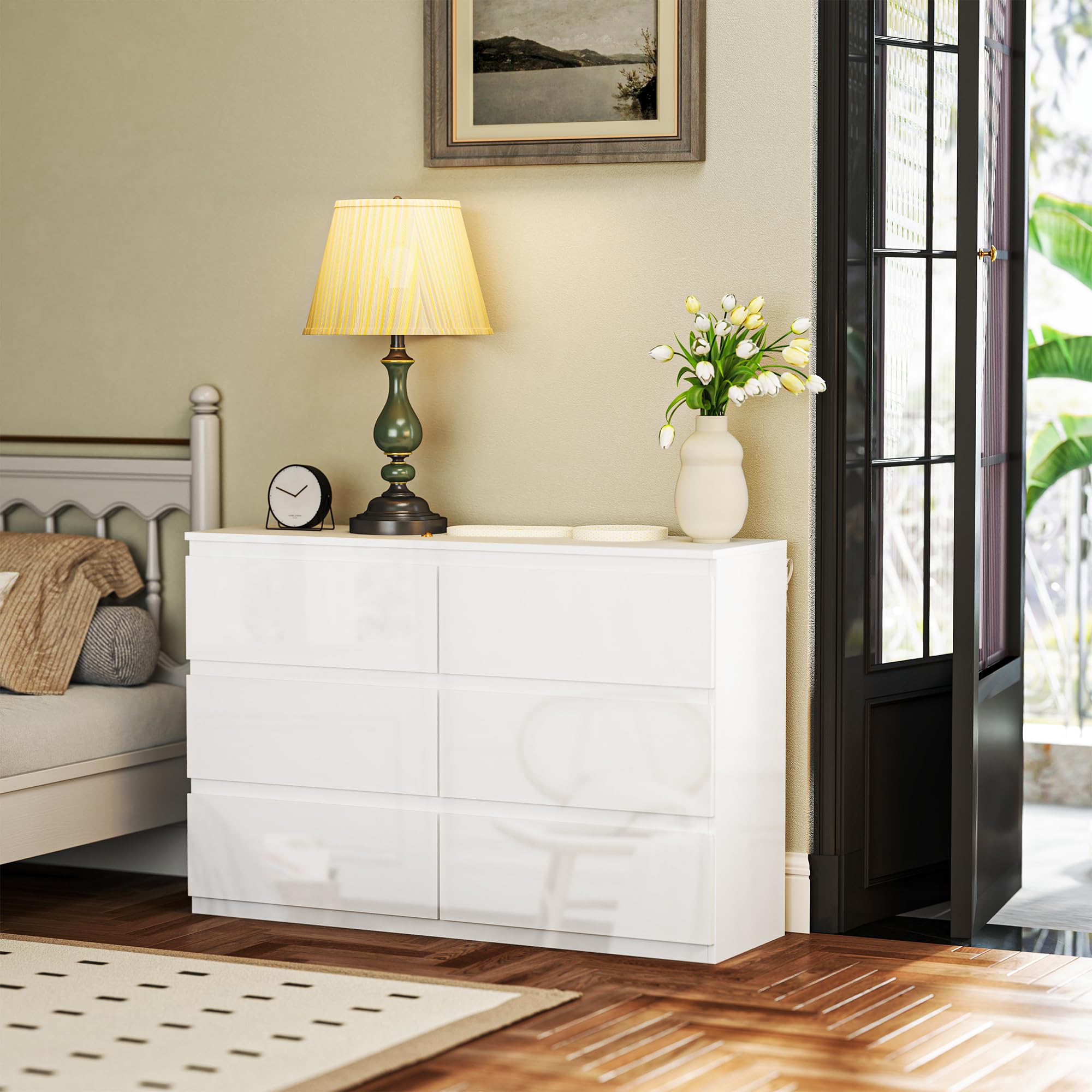 HOMCOM Cómoda con 6 Cajones Cómoda de Dormitorio Moderno con Diseño Anti-vuelco Cajonera para Salón Pasillo 112x34x75 cm Blanco Brillo