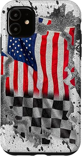Vista 16 de iPhone 12 mini Car Racing bandera estadounidense pit crew Case