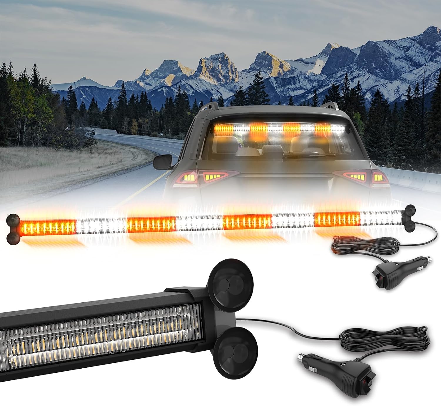 WINECO Traffic Advisor Lights Bar 128 LED Strobe Light Emergency Hazard Safety Warning Flash Light Front Rear Windshield w/Digital Controller for Firefighter Police Truck Vehicle, 35inch, Amber White