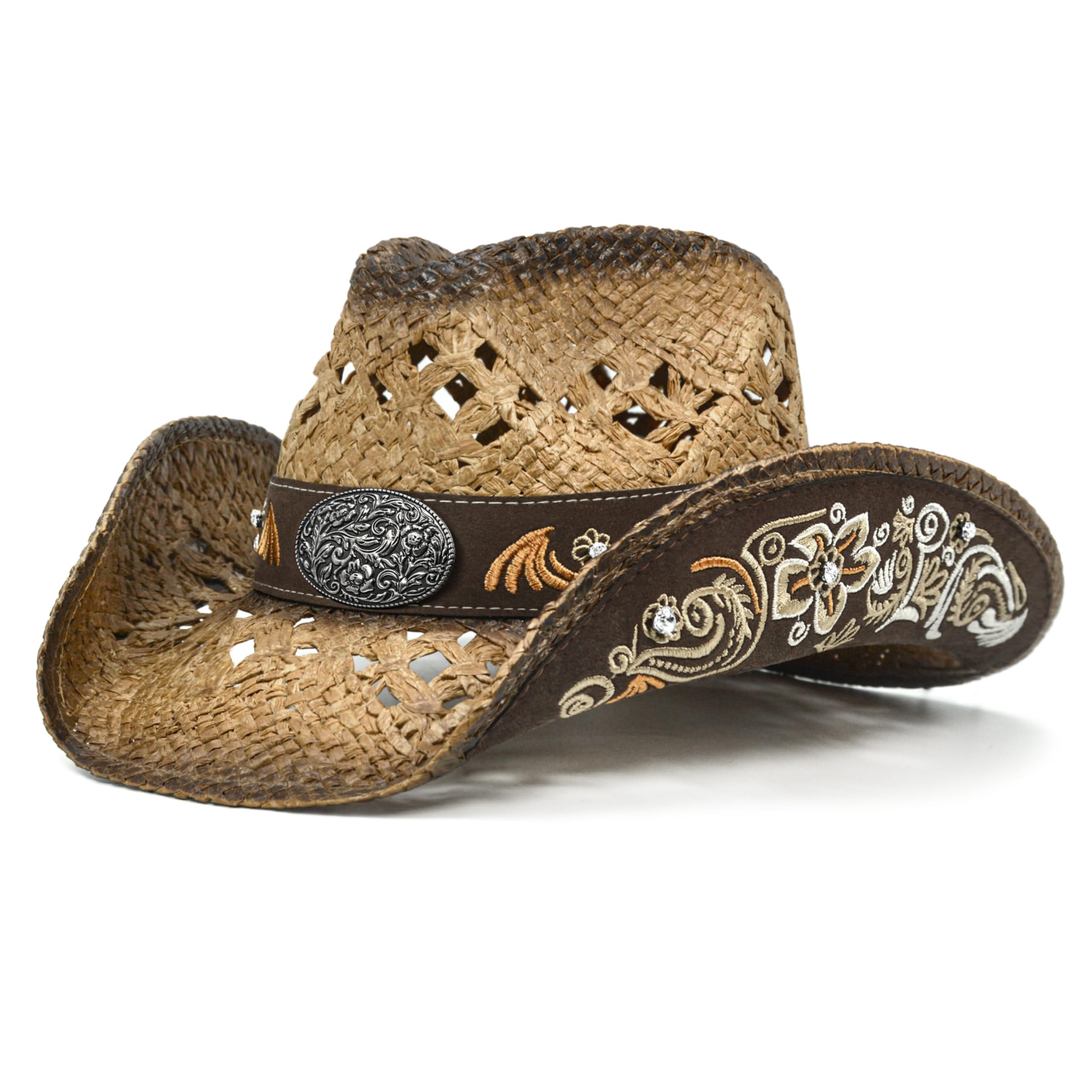 FLUFFY SENSE Embroidered Straw Cowboy Hat