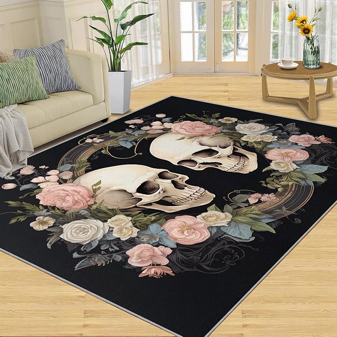 Floral Skull Girls Area Rug & Home Decor - Washable Rug 8x10 - Sugar Skull Area Rugs for Bedroom - Day of Dead Carpet - Non Slip Soft Indoor Area Rugs for Living Room - Day of Dead Room Decor