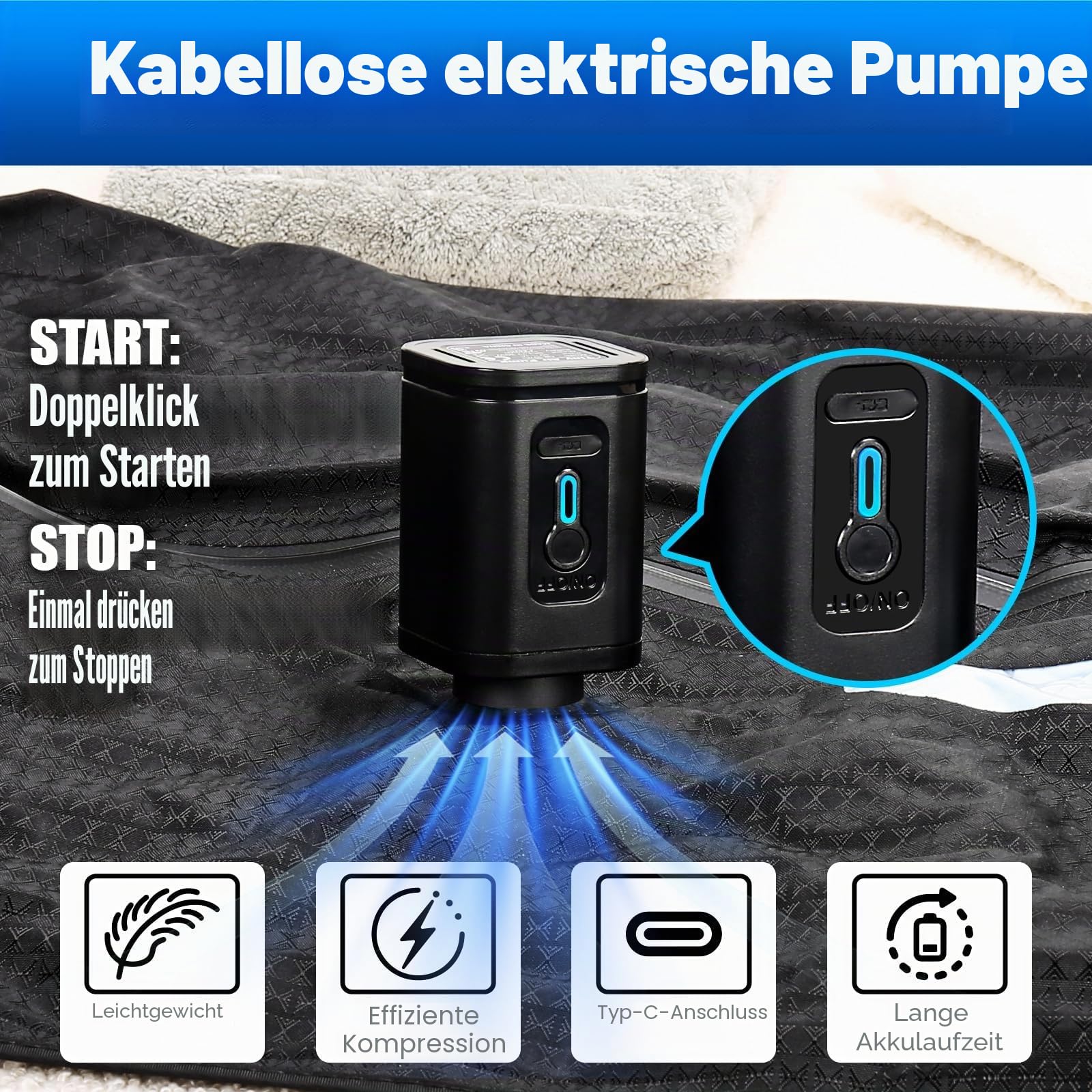 Vakuumbeutel für Kleidung Reise, Reise Vakuumbeutel mit Pumpe Kabelloser, Vacuum Bags for Clothing Travel Mit Sichtfenster, Doppellagiges Gewebe, Wasserdicht nach IP67 (2 Stück + 1 Pumpe)