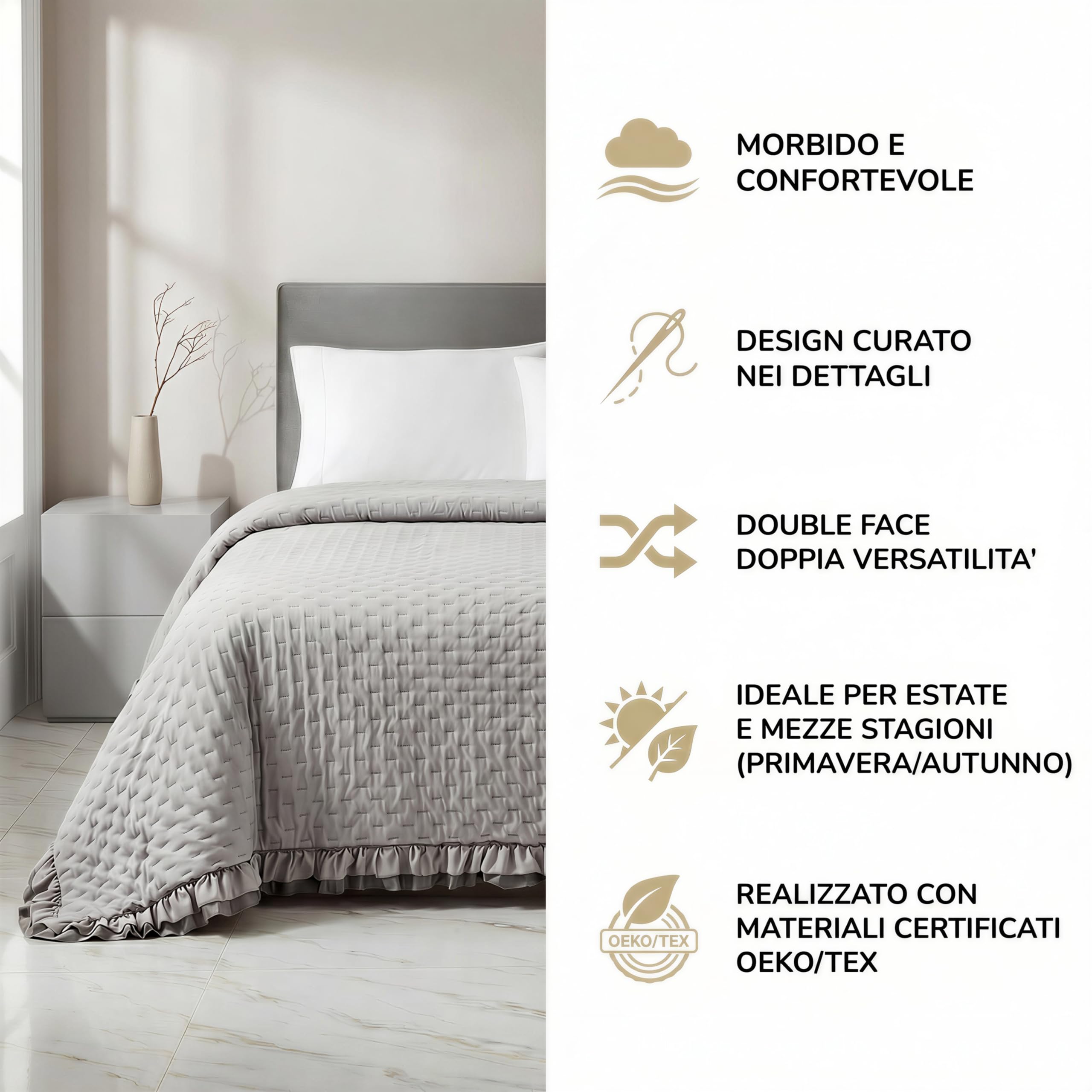 Riad Arredo Colcha de matrimonio de doble cara con volantes de primavera de verano suave microfibra – Colcha acolchada ligera elegante Shabby (gris/antracita)