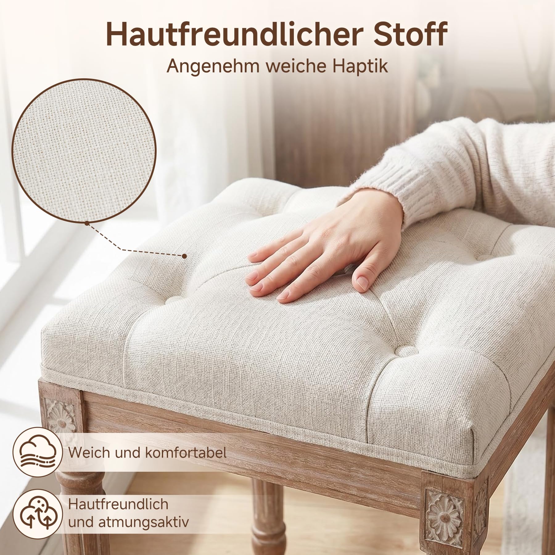 Schminkhocker Landhaus, Hocker für Schminktisch, Sitzhocker Samt, Klavierhocker Kosmetikhocker, Polsterhocker für Schlafzimmer, 40 * 30 * 46cm, Massivholzbeine, Beige
