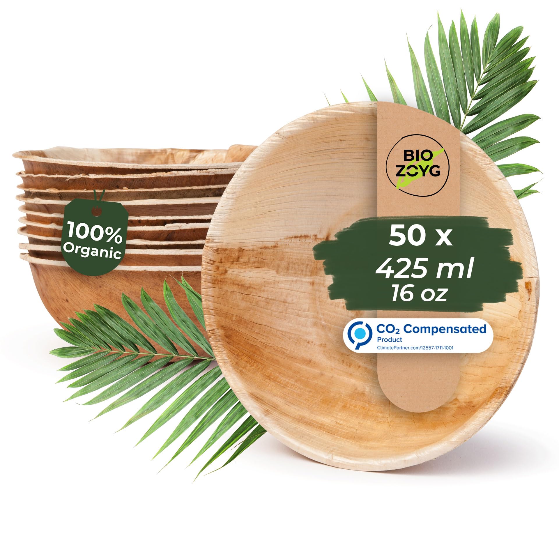 BIOZOYG Naczynia z liści palmowych, miska 50 sztuk, 425 ml, okrągłe, jednorazowe talerze do zupy, miska do sałatki, kompostowalna, miska z liści palmowych, jednorazowe naczynie imprezowe, zrównoważone