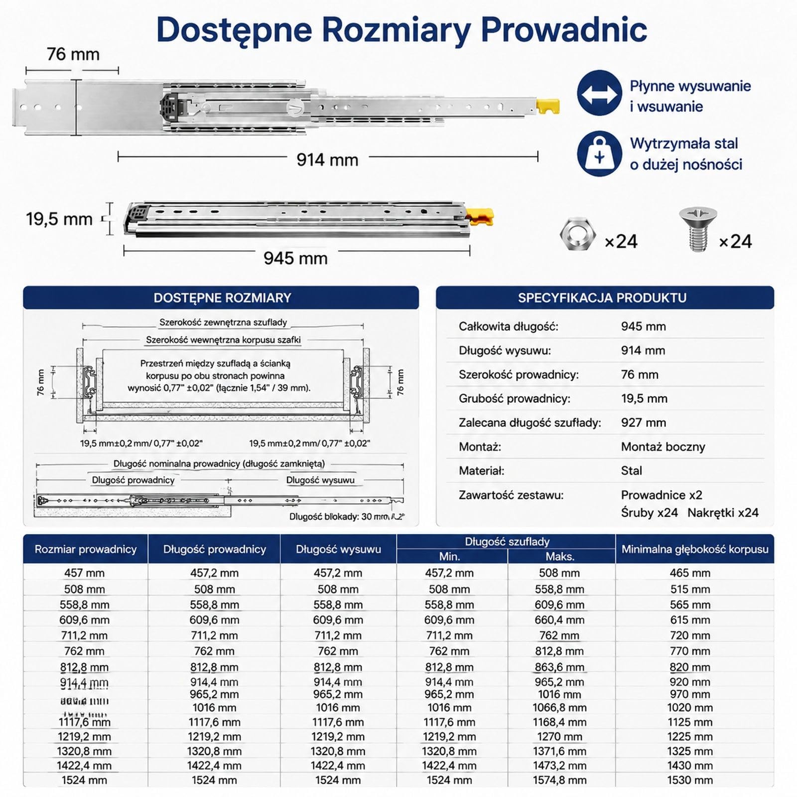 1 para prowadnic do szuflad z łożyskiem kulkowym, szyny teleskopowe z blokadą, montaż boczny do szafki i skrzynki narzędziowej