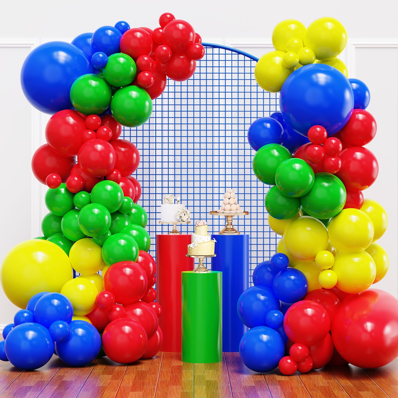 Photo 1 of YMSZ Red Blue Green Yellow Balloons, 136pcs Colorful Latex Balloons with Different Size for Birthday, Carnival Circus, Baby Shower Party Decorations