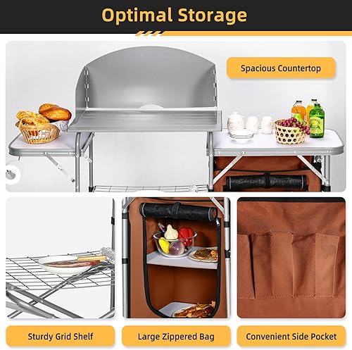 Miniatura 3 de GYMAX Cocina portátil de aluminio para acampar, mesa de cocina plegable con mesa de 26 pulgadas, parabrisas desmontable y bolsa de transporte, mesa