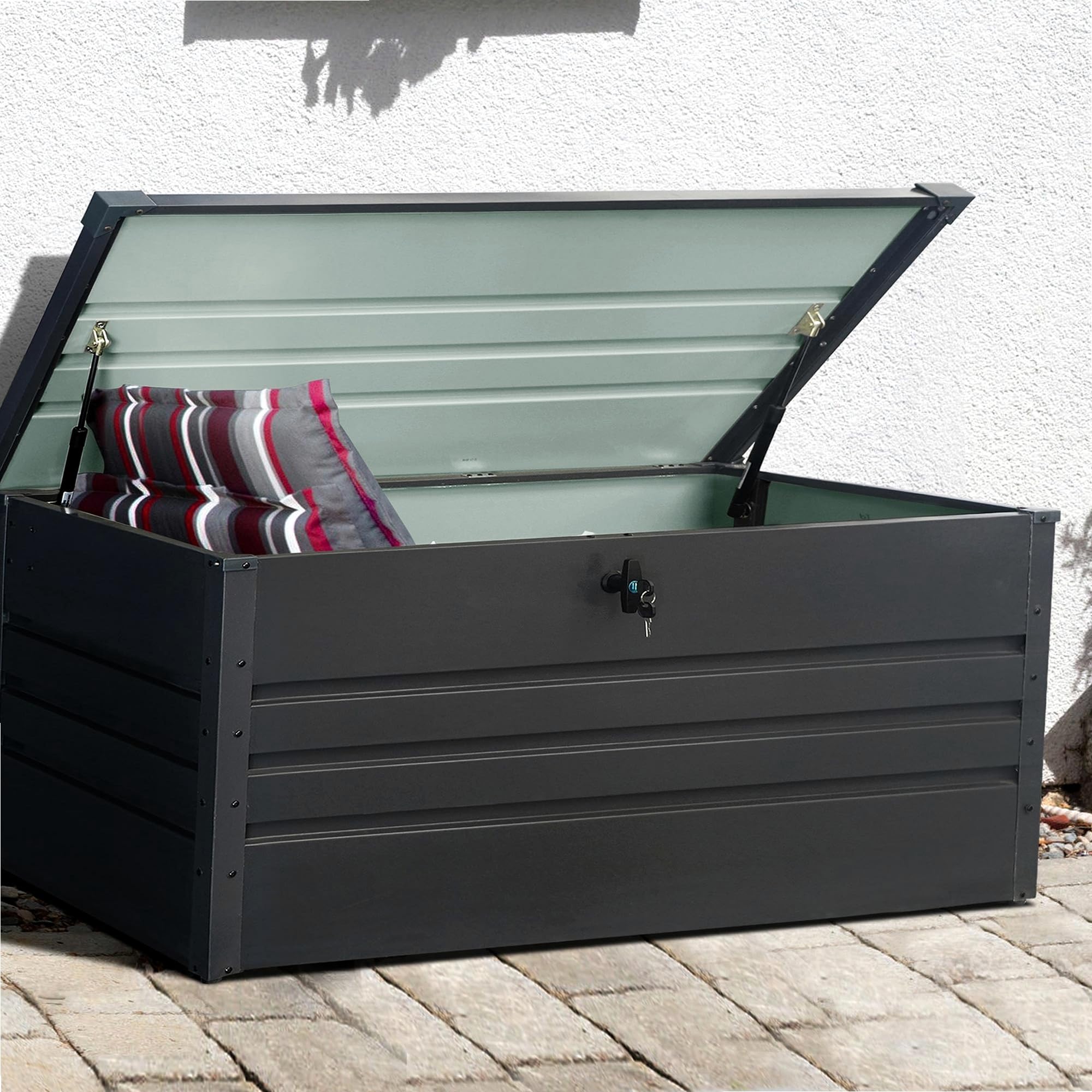 WERKA PRO Coffre de Rangement de Jardin en métal 600 litres | Acier peint 0,4 mm, 2 vérins à gaz, verrouillable 2 clés, jardin, terrasse, outils, coussins