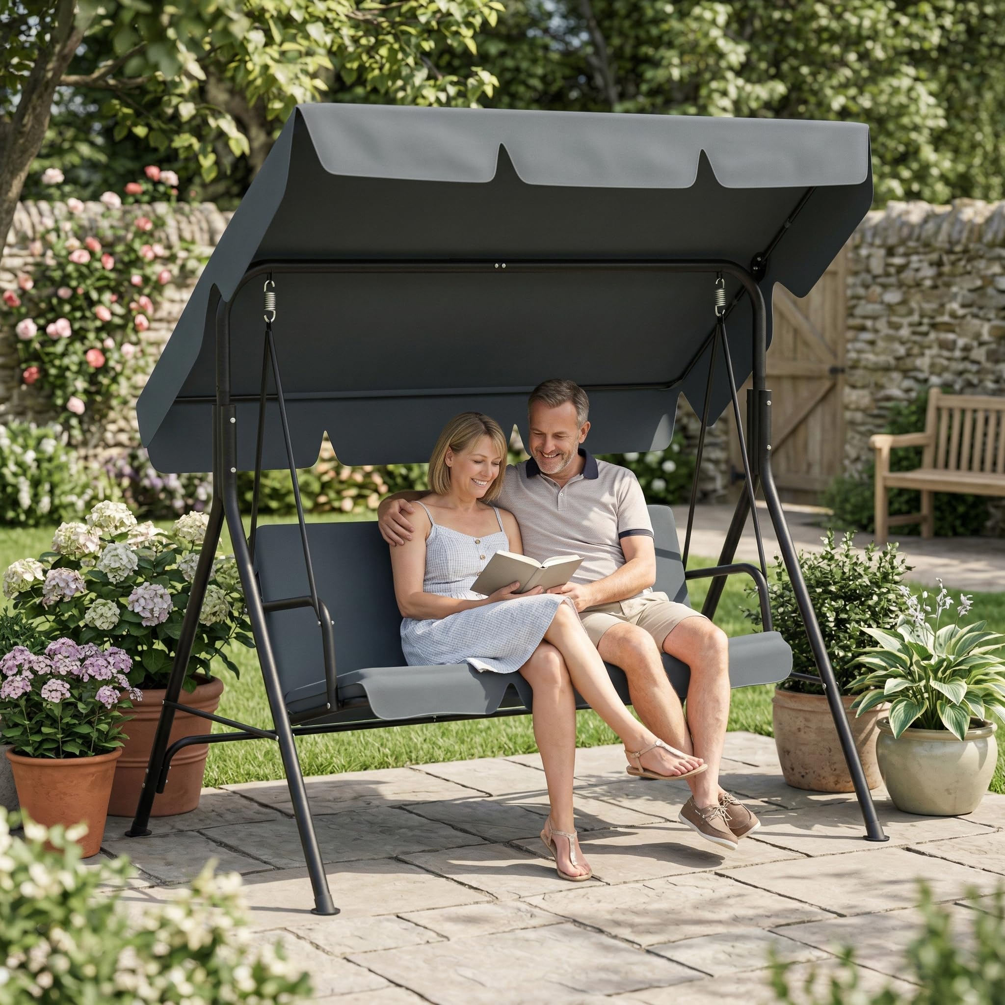 SAILUN 3-Seater Outdoor Canopy Swing Chair, Heavy Duty Patio Swing with Adjustable Sunshade, Weatherproof Garden Furniture, 200KG Capacity, for Garden, Patio, Balcony, Anthracite 176x110x152cm