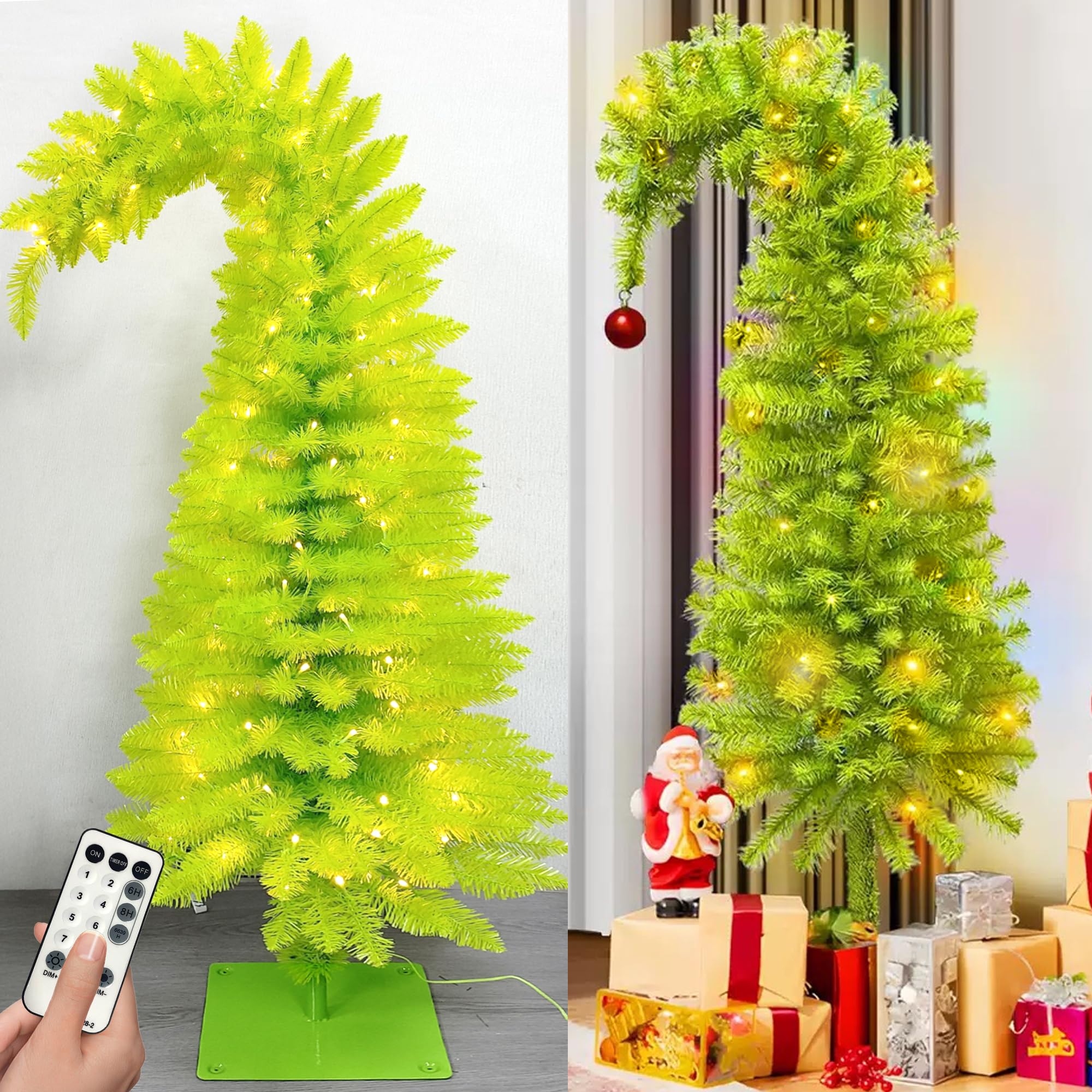 Árbol de Navidad Prelit Grinch de 5.7 pies, árbol de Navidad artificial con temporizador remoto para decoración navideña de interiores, árbol de Navidad para el hogar, oficina, sala de estar, cocina