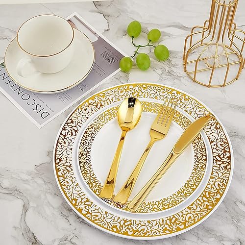 Miniatura 2 de Juego de 360 cubiertos de plástico, utensilios de plástico desechables blancos resistentes y 210 piezas de vajilla de plástico dorado
