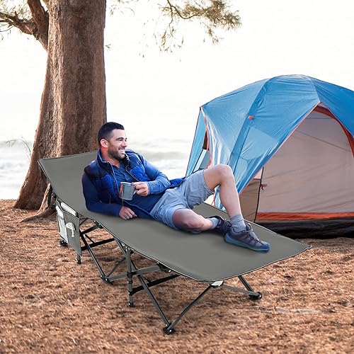 Miniatura 2 de GYMAX Catre de campamento, catre de dormir resistente de 600 libras con diseño ergonómico de inclinación, bolsillo 3 en 1, bolsa de transporte, cuna