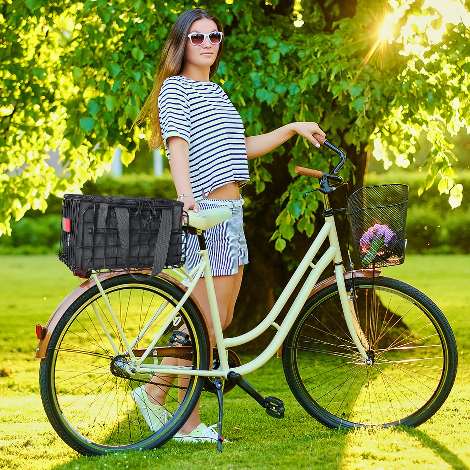RAYMACE Panier arrière de vélo avec doublure amovible, housse imperméable et filet de transport, panier de vélo pliable pour adulte, design à dégagement rapide, s'adapte à la plupart des porte-bagages