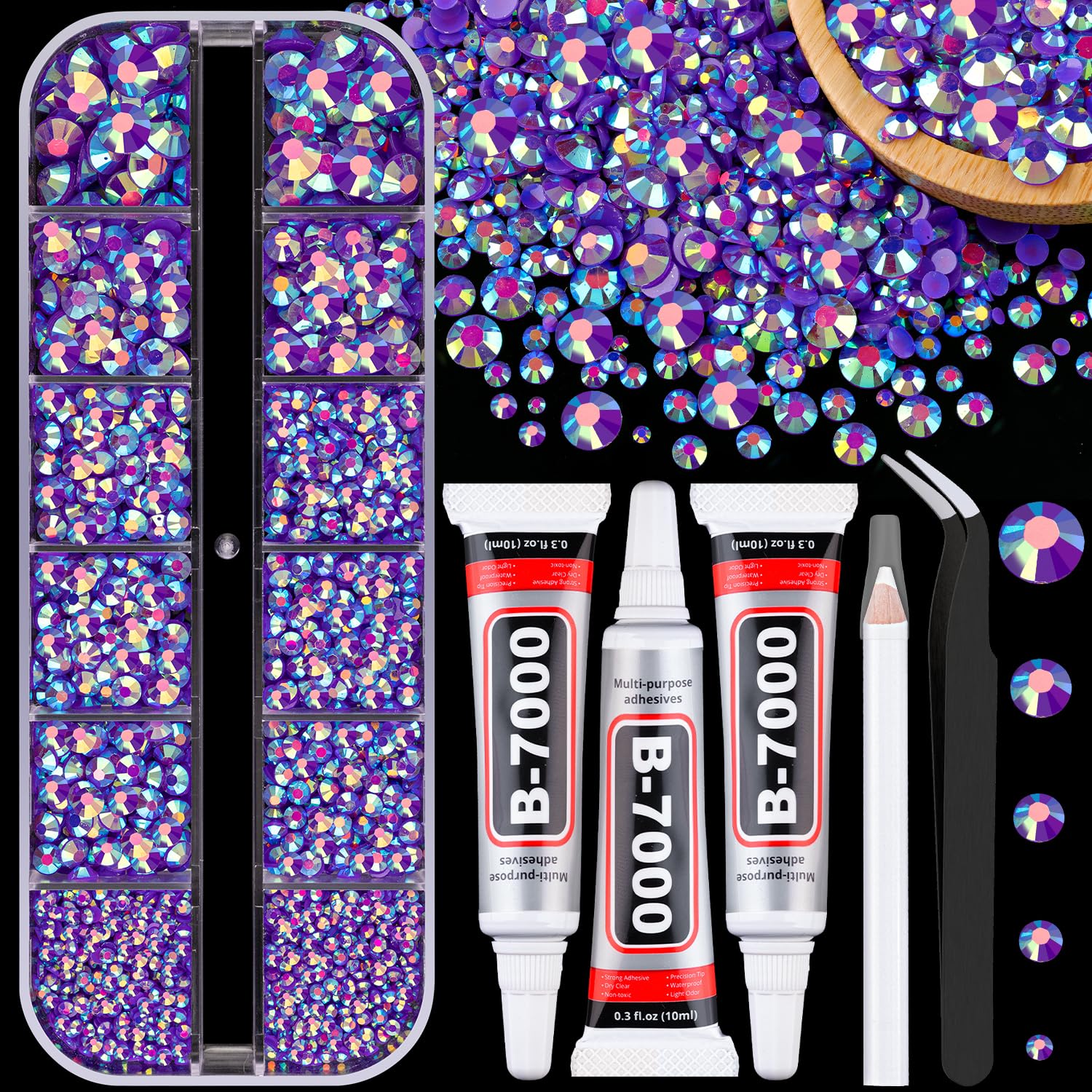TINKRSTUFF Dark Purple AB Resin Jelly Rhinestones with 3Pcs B7000 Glue, Mixed Sizes | Bedazzling Gems for DIY Crafts - main product image