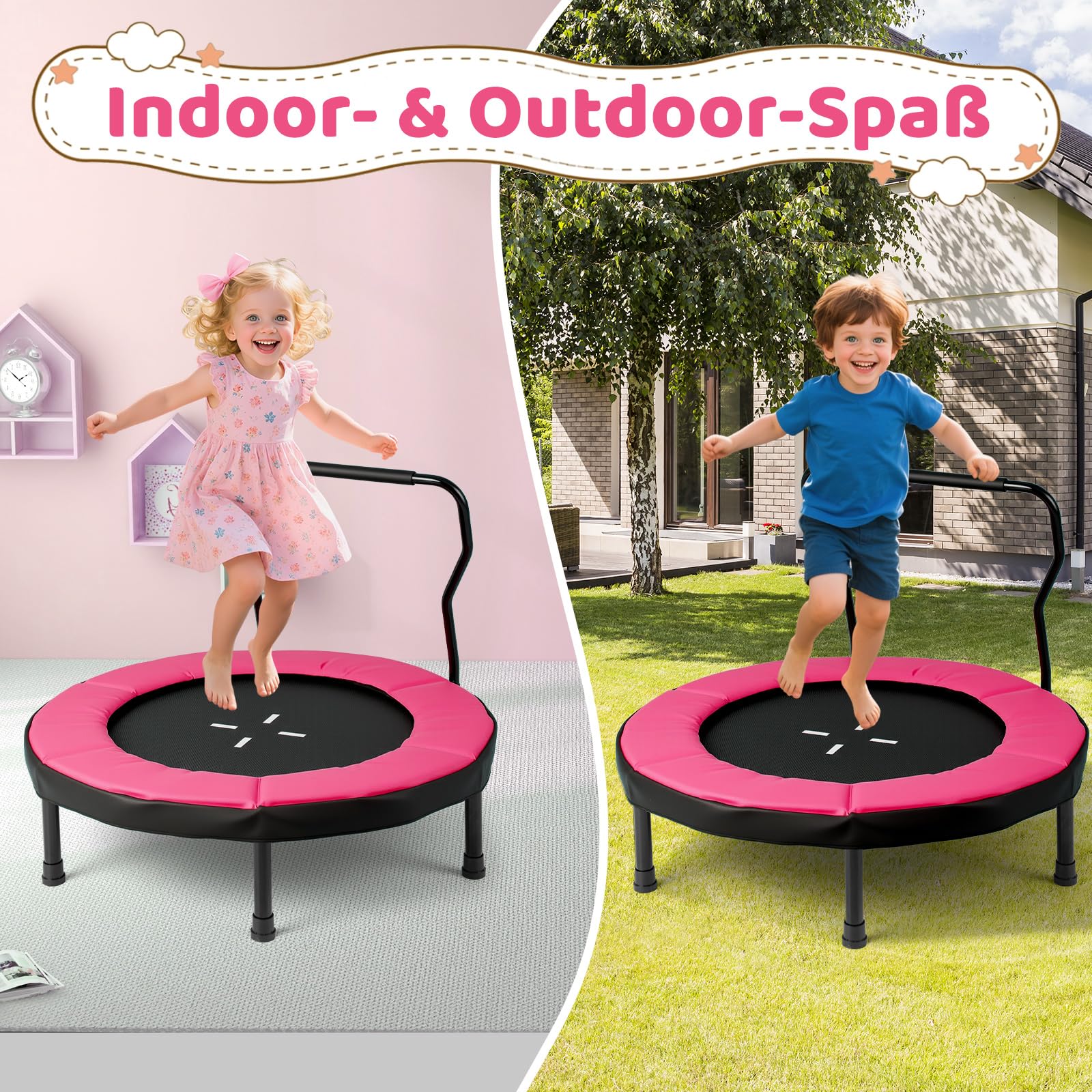 COSTWAY Ø102 cm Kinder Trampolin, Fitness-Trampolin Indoor mit Abnehmbarer Haltegriff, Minitrampolin bis 100 kg belastbar, Gartentrampolin Outdoor für 3-6 Jahre Kinder