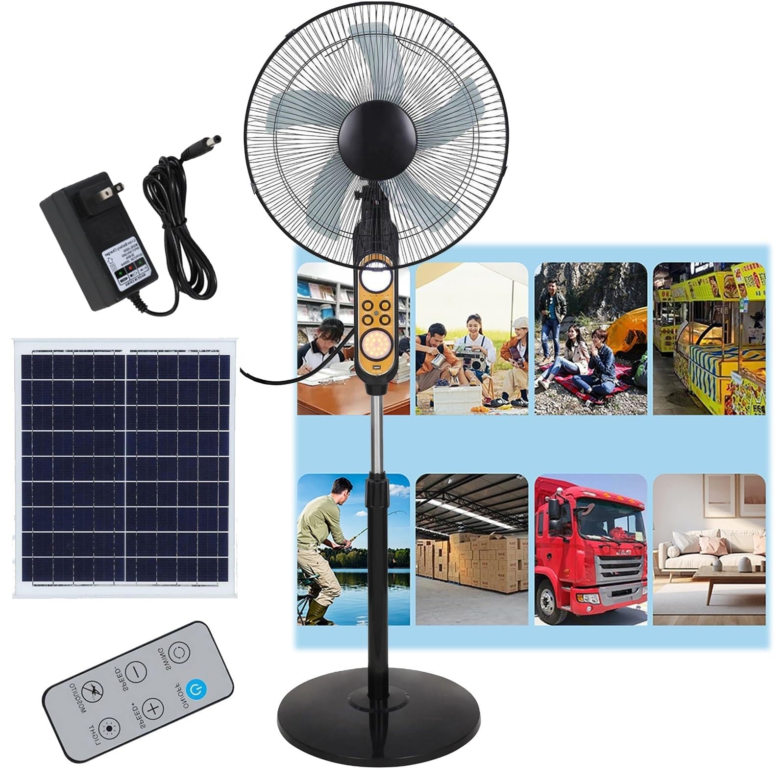 JKJZSALJ Floor Fan,17'' Outdoor Solar S Portable Standing Fan With Solar Panel/Remote Control,Camping Fans,Oscillating Pedestal Fan,Height-Adjustable Suitable For Bedroom,St