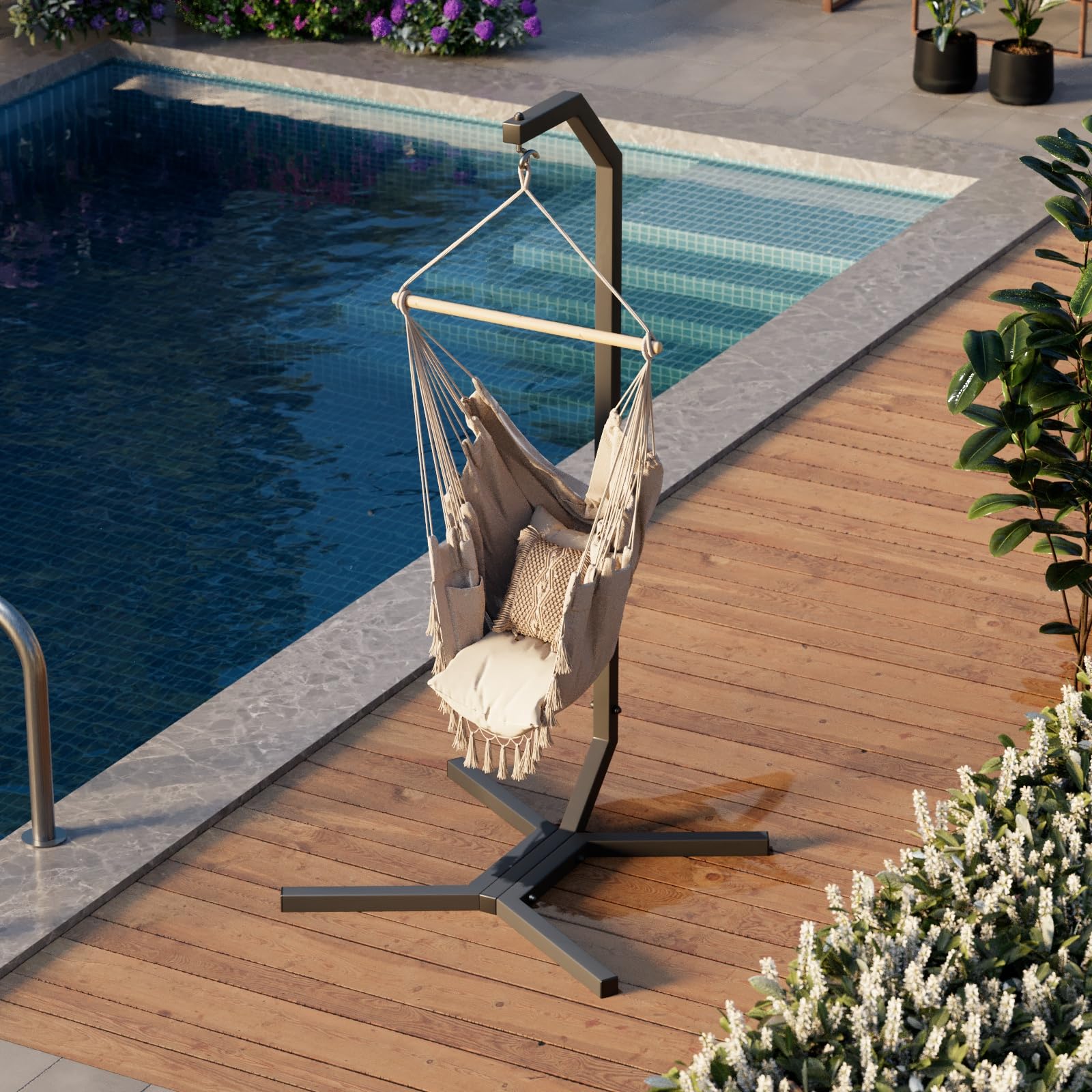 QLS Hängesessel Gestell 203 cm aus Stahl mit Haken bis 100 kg Schwarz | Robuste Stahlkonstruktion mit wetterfester Pulverbeschichtung, geeignet für Garten, Balkon, Terrasse und Innenbereich