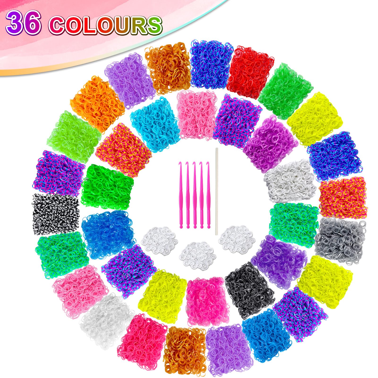 ROSHUKG Zestaw 7500 gumek, 36 kolorów Loom Bands zestaw uzupełniający dla dziewcząt tkanie DIY rękodzieło prezent