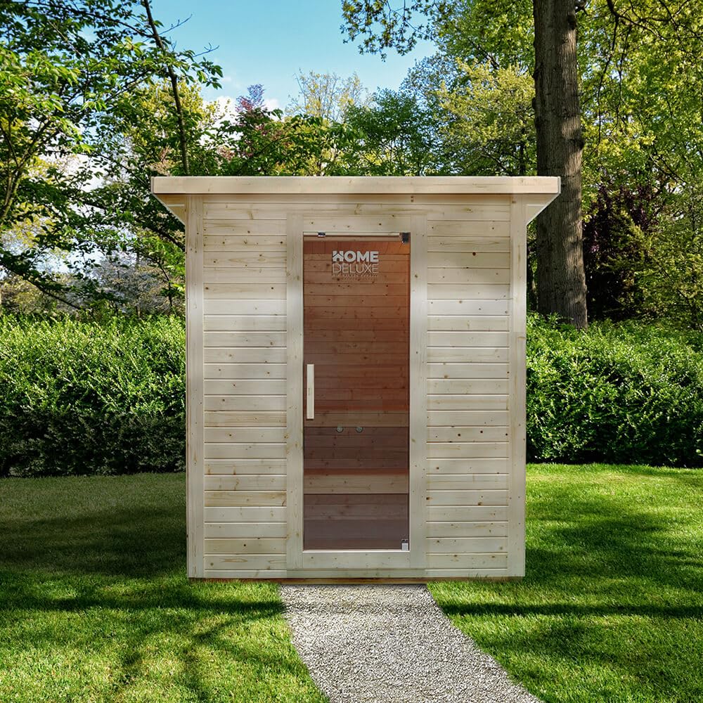 Home Deluxe - Sauna extérieur TALO L - pour 4 Personnes - Dimensions : 221 x 217 x 221 cm, Bois : épicéa - poêle et Accessoires pour Sauna Inclus I Sauna de Jardin, Sauna extérieur, Sauna