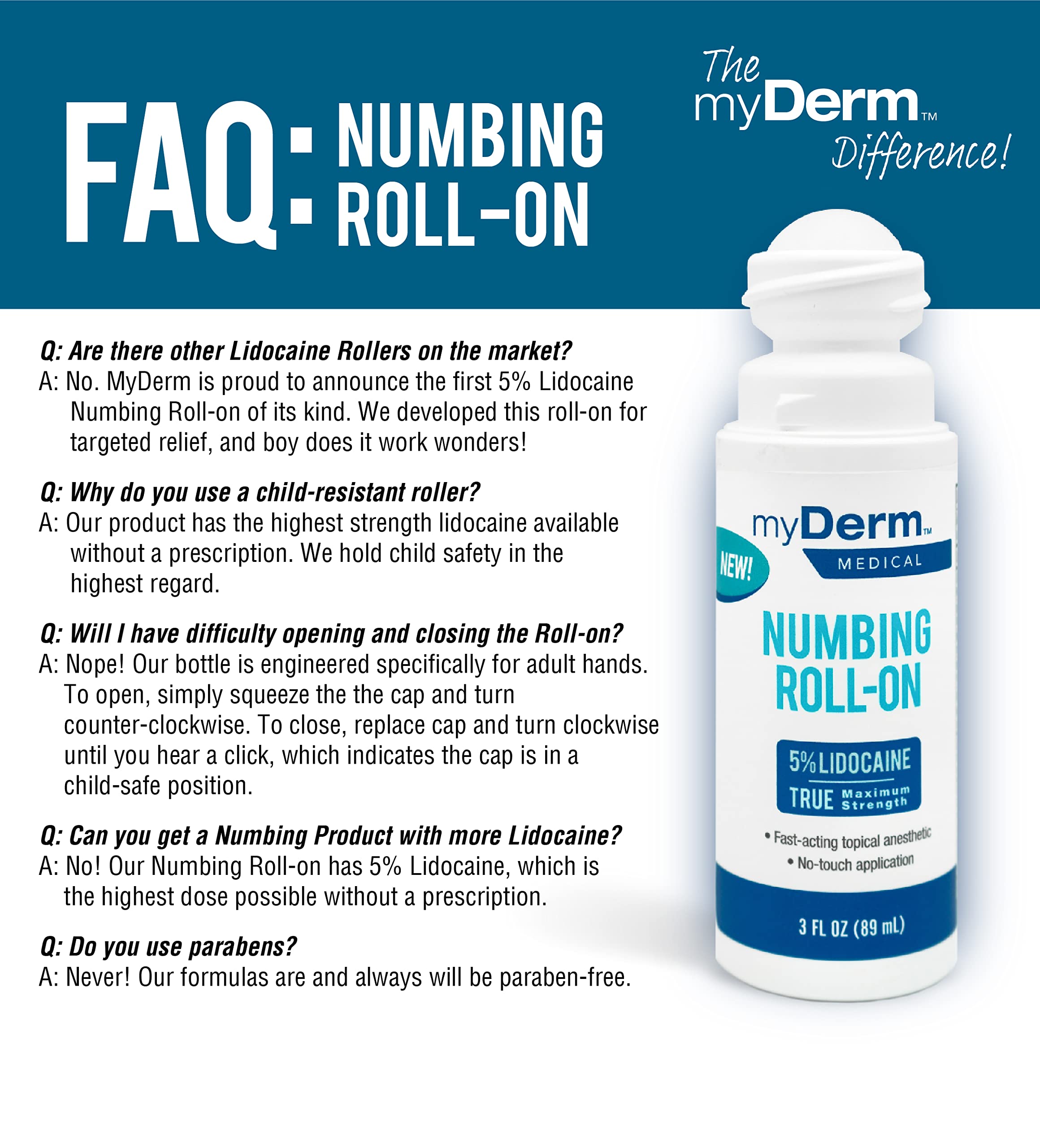 Myderm Medical 5% Lidocaine Numbing Roll On - Pack of 2 - for Minor Aches, Scratches and Hemorrhoidal Discomfort - Made in the USA — Amazon image 4
