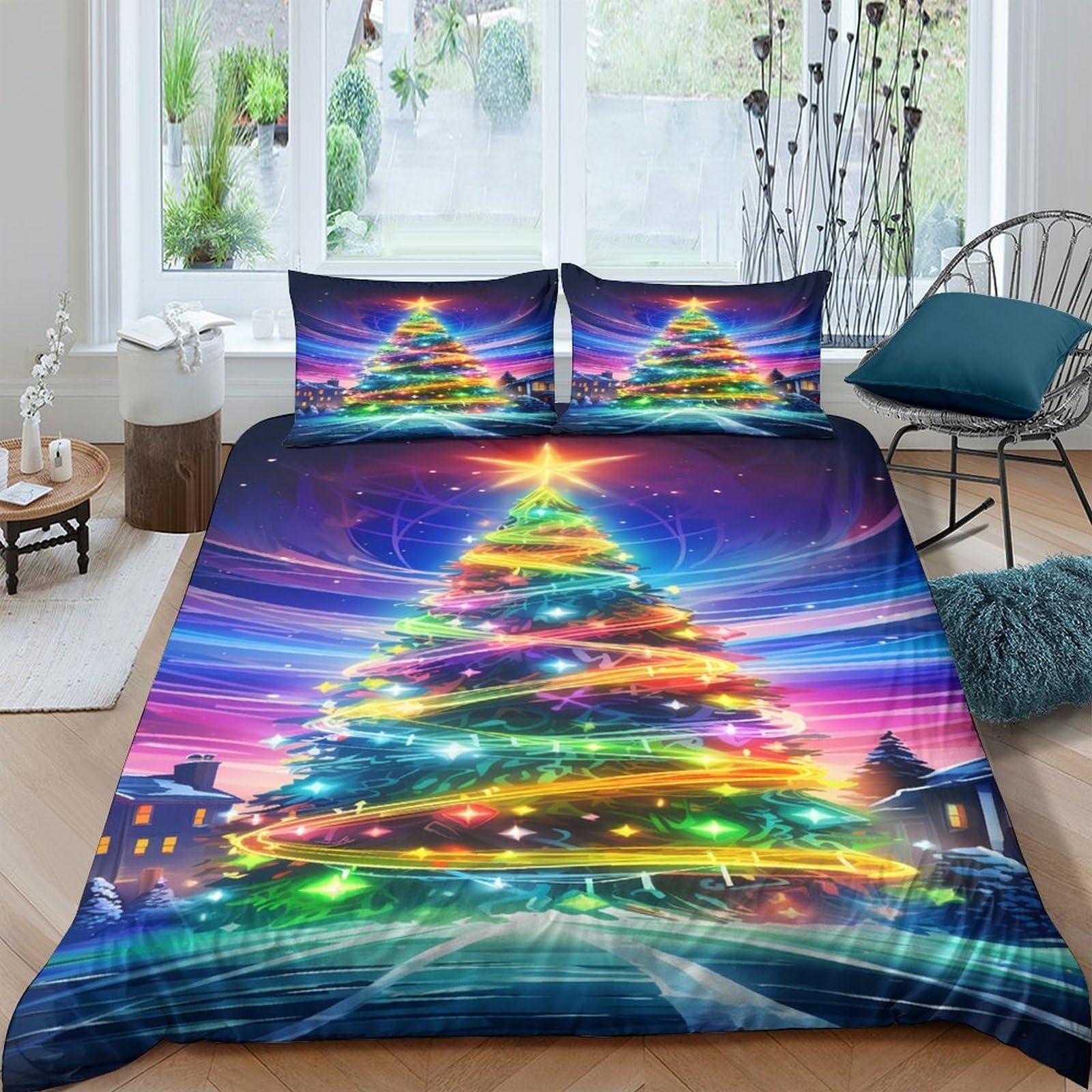 Ctjqhvkz Style-5 3D Printed Christmas Tree Fitted Sheet Microfiber Colorful Lights Bed Sheet For Bedroom Guestroom Dorm Decor Single（135X200cm）