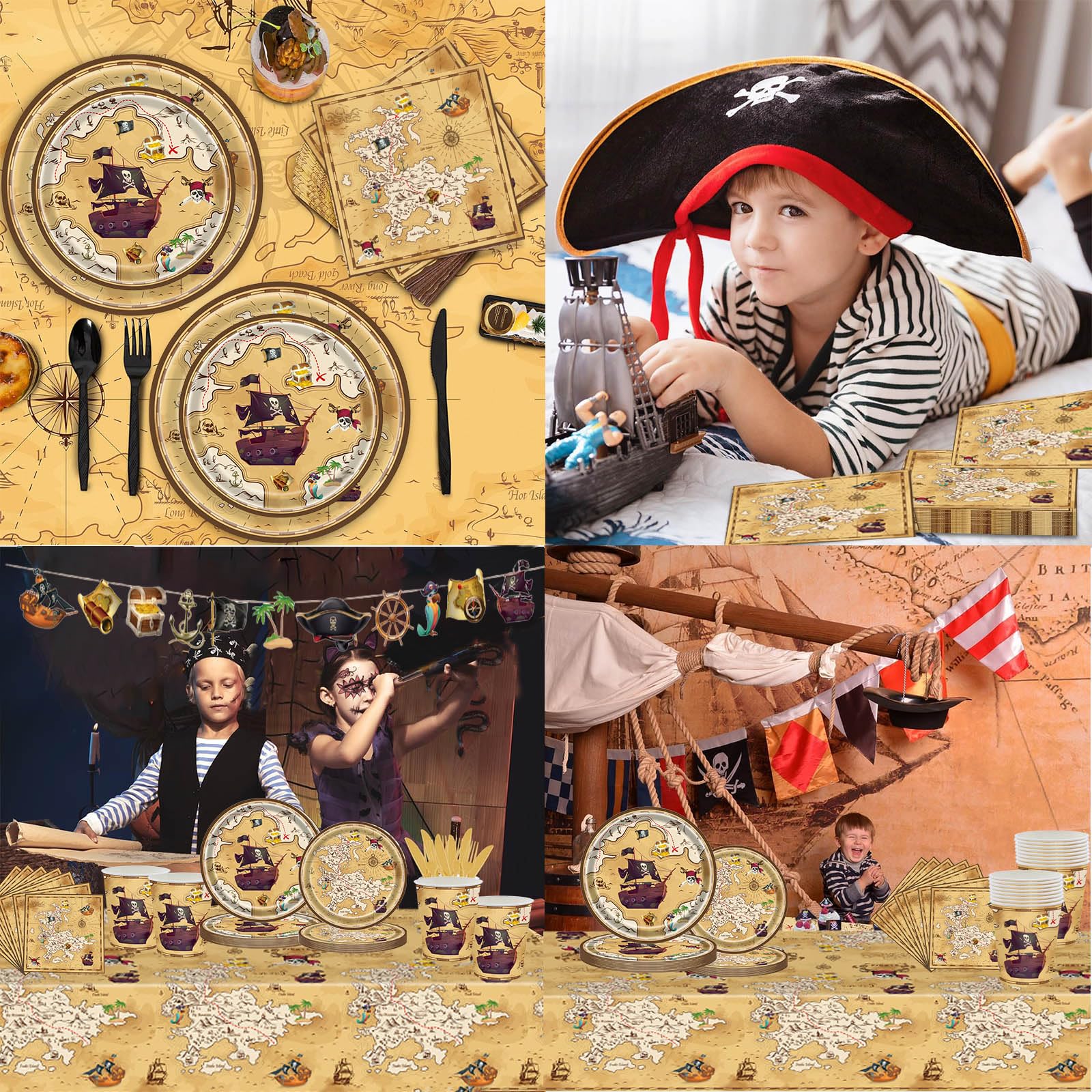 70Pc Pirate Party Tableware Set,Pirate Treasure Hunt Theme Banner with Pirate Napkins Paper Plates Cups and Pirates Game Tablecloth,Pirates Halloween Dinnerware Kit for Boy Girl Halloween Party Décor - Image 4
