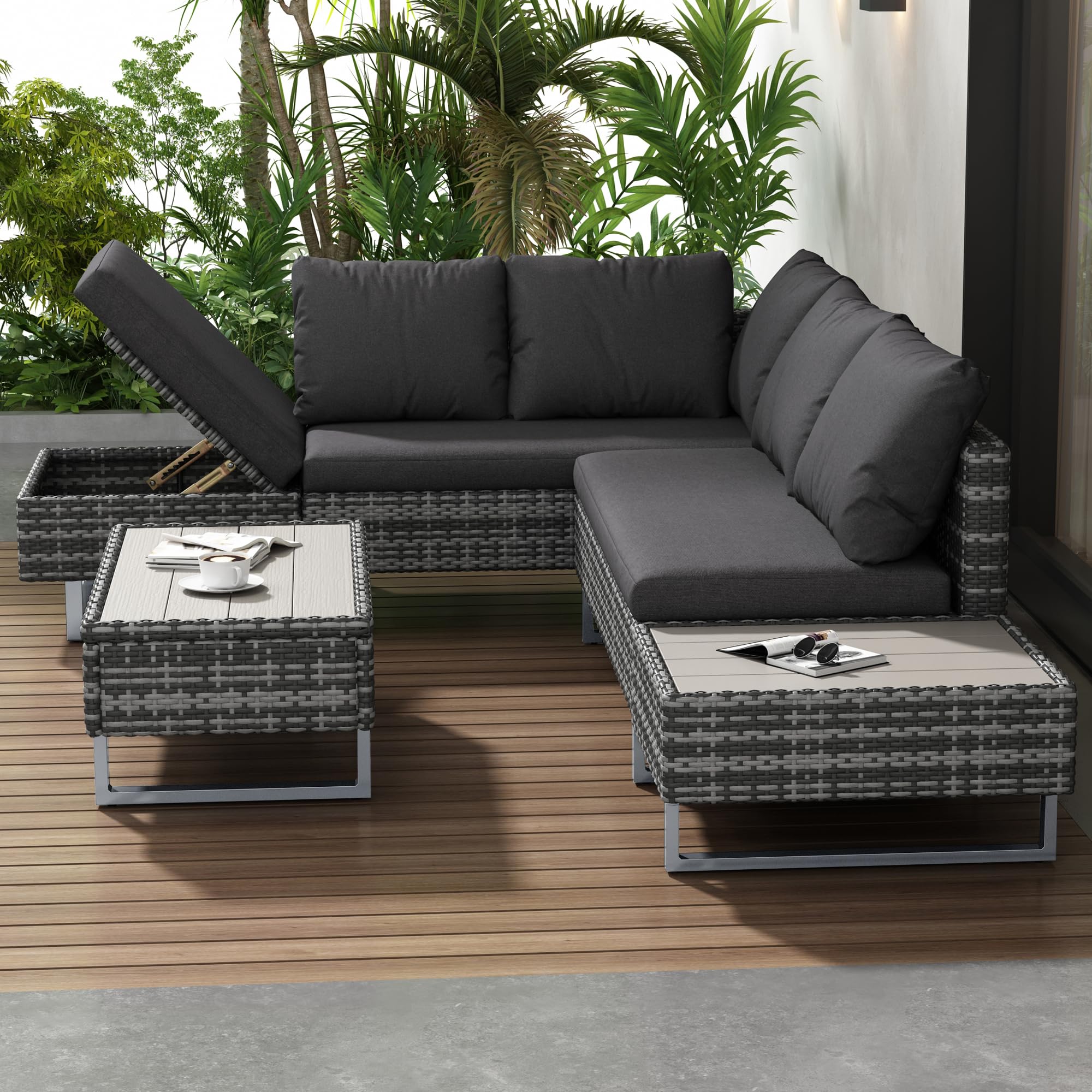 Rtopsu Polyrattan Gartenmöbel Sitzgruppe Sofa Set für 5 Personen, Gartenlounge Balkonmöbel Terrassenmöbel mit Ecksofa Gehärtetem GlasTisch und Auflagen für Innenhof Garten Balkon, Grau