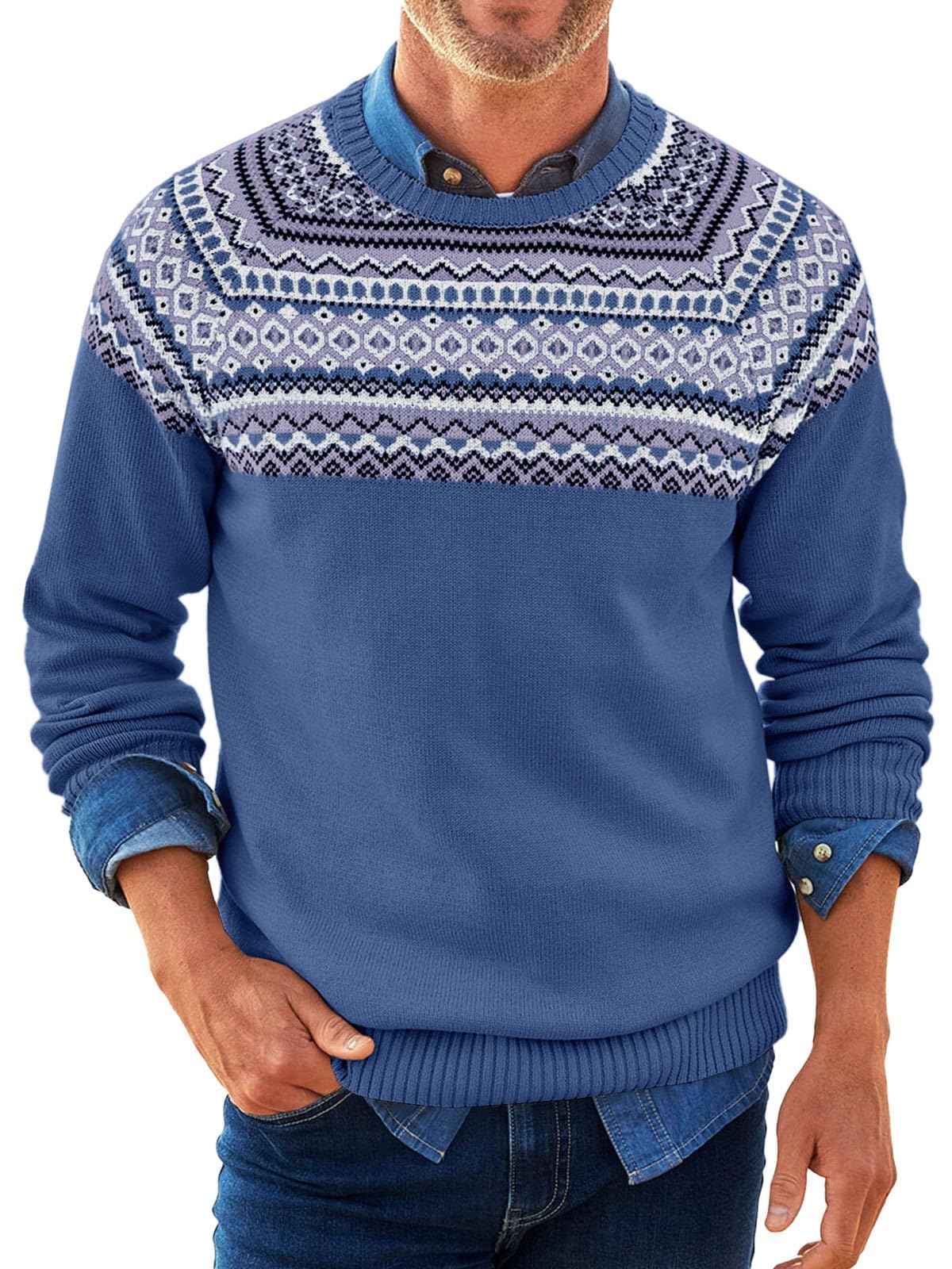 Runcati Norweger Pullover Herren Weihnachten Strickpullover Rundhals Fair Isle Sweater Langarm Männer Winter Basic Casual Pulli