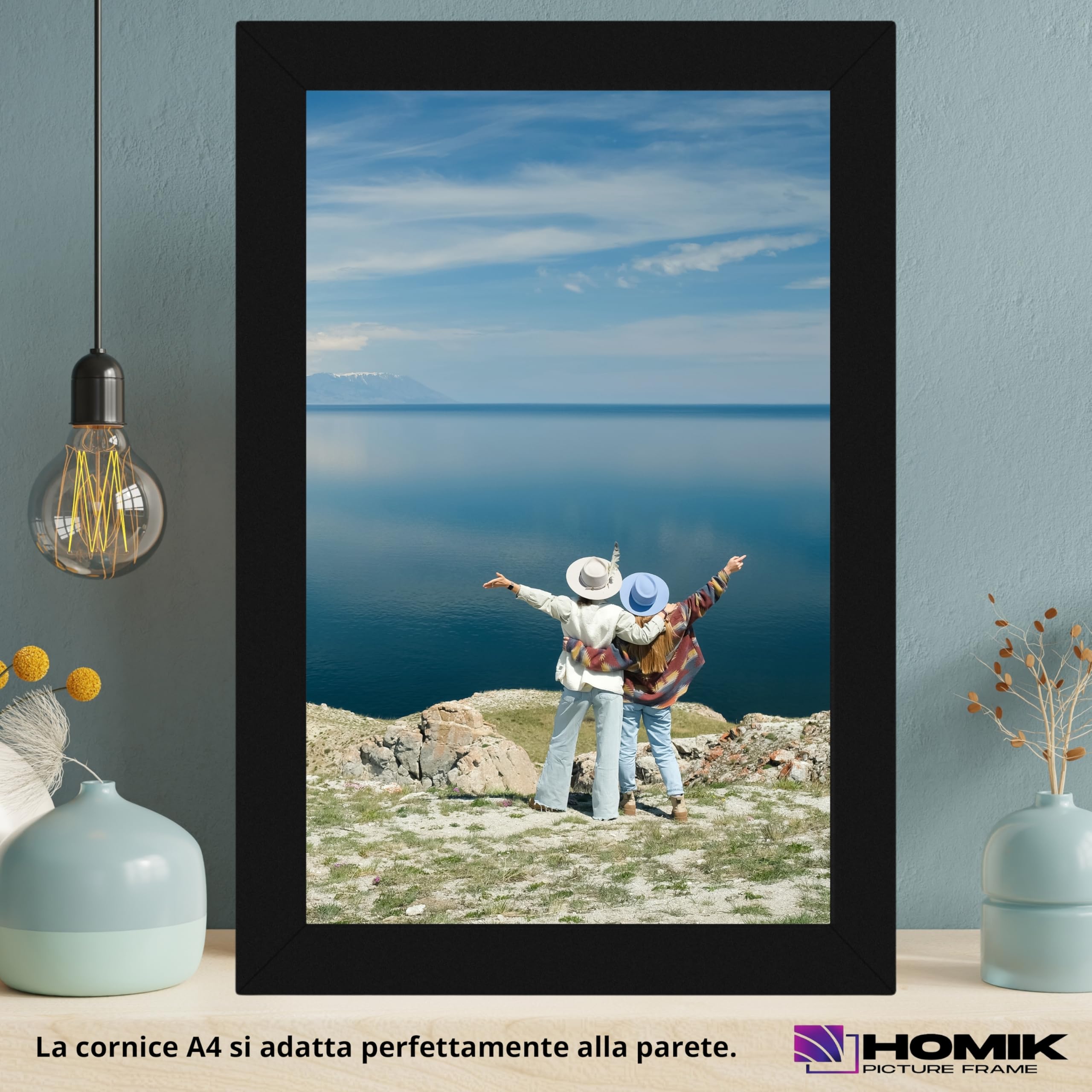 Cornice per Foto A4 | Con Vetro Acrilico Di Sicurezza - Portafoto in Vetro DIN A4 Nera per Decorazioni Interne | Ideale da Regalare e Appendere al Muro