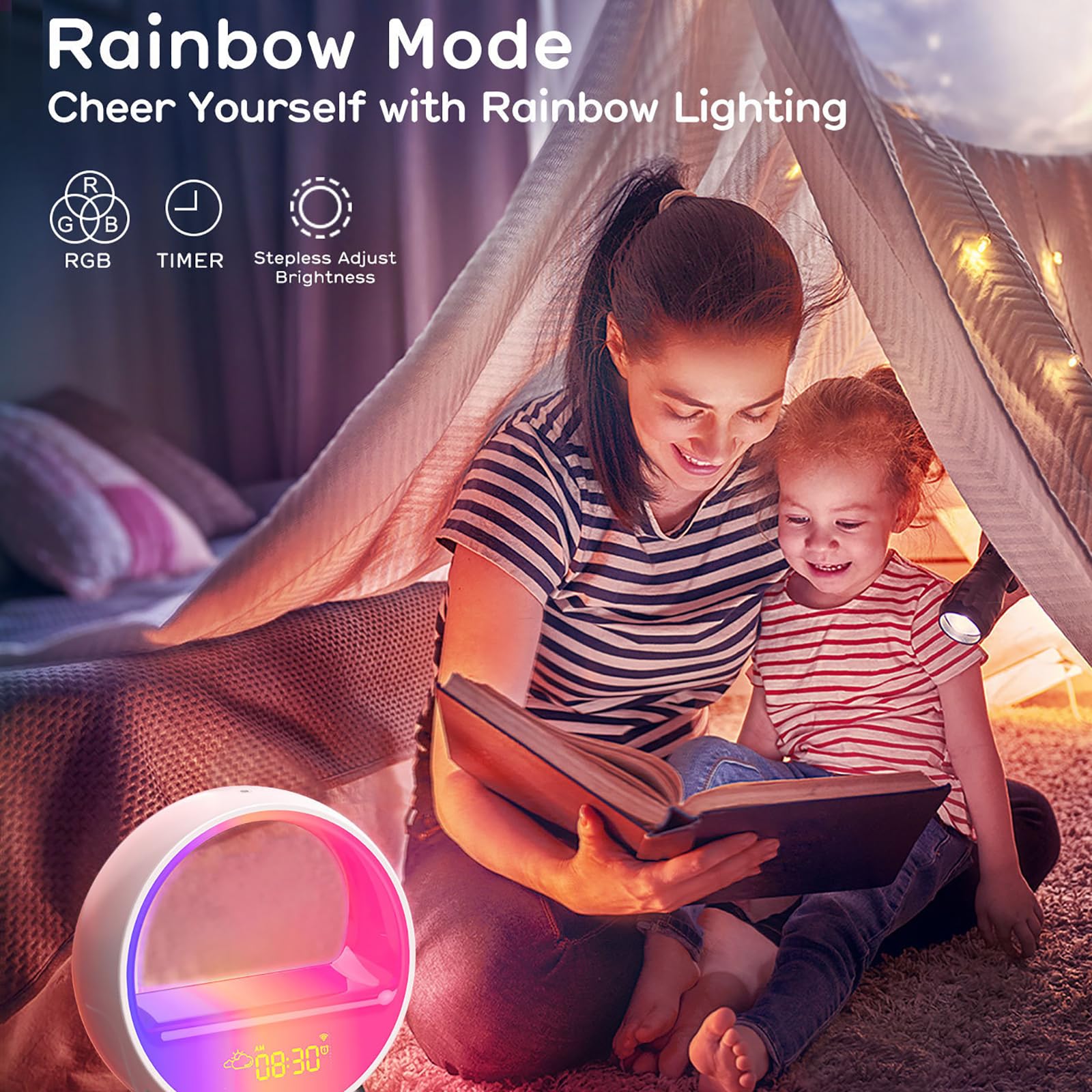 Lámpara de ambiente de ritmo inteligente, despertador de amanecer, luz de despertador, cargador inalámbrico, lámpara de noche, aplicación/voz/pulsador, reloj despertador de puesta de sol controlado
