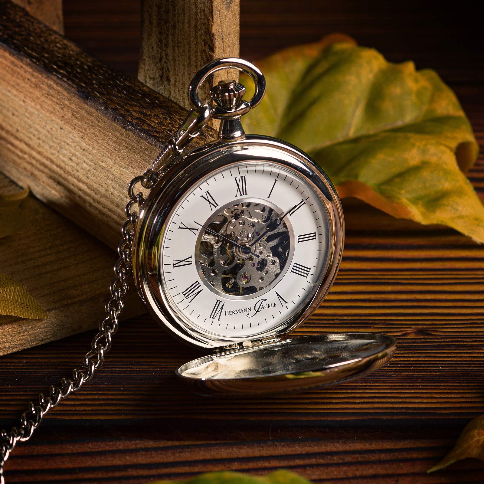Hermann Jäckle Herren Taschenuhr Bayreuth Skelett 50 mm | Handaufzugswerk, Double Hunter Gehäuse, Skelett-Design, römische Ziffern, inklusive Kette und Reiseetui