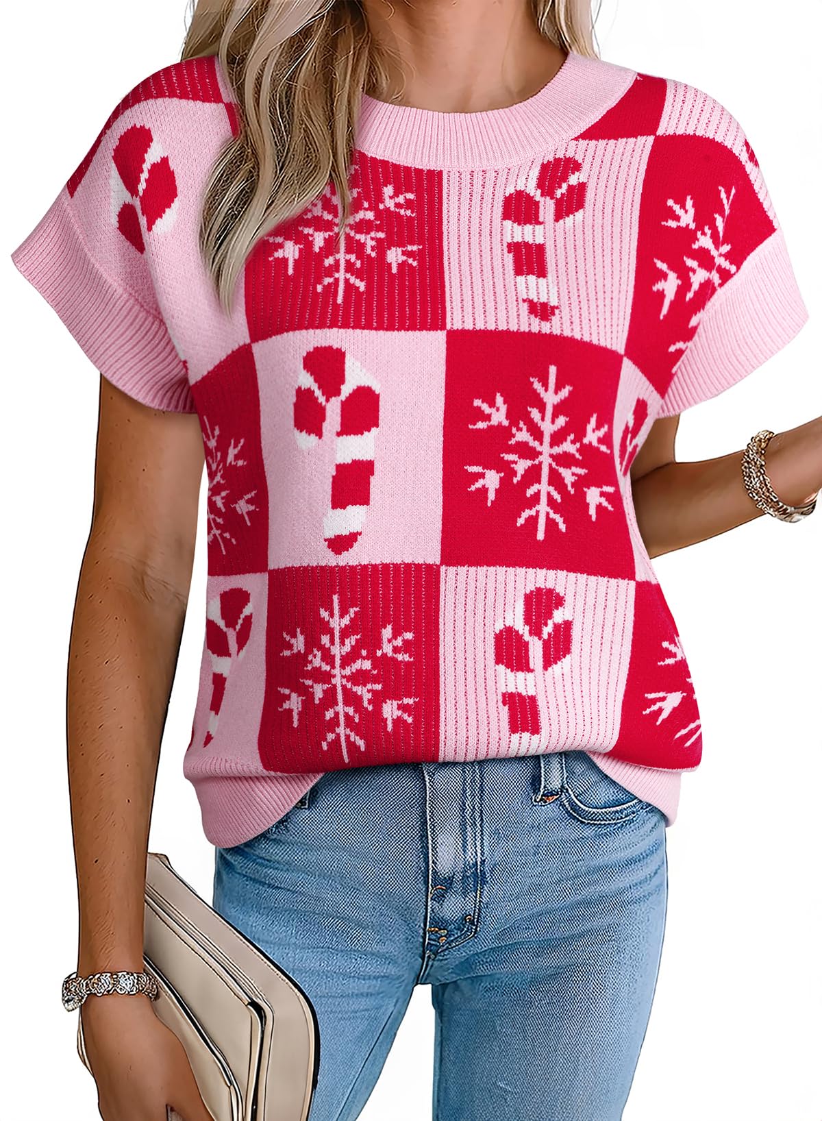 EVALESS Short Sleeve Sweater for Women Crewneck Color Block Knit Tops 2025 Fall Trendy Cap Sleeve Sweater Vest