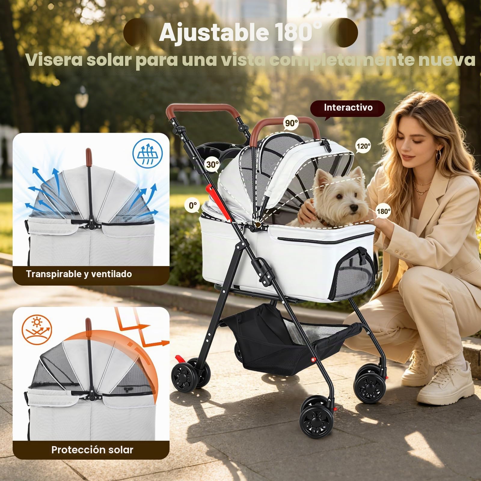 Cochecito para perros 3 en 1, cochecito para perros medianos plegable, hasta 20 kg, con espacio de almacenamiento, carrito para perros con asiento de coche extraíble y compartimento para