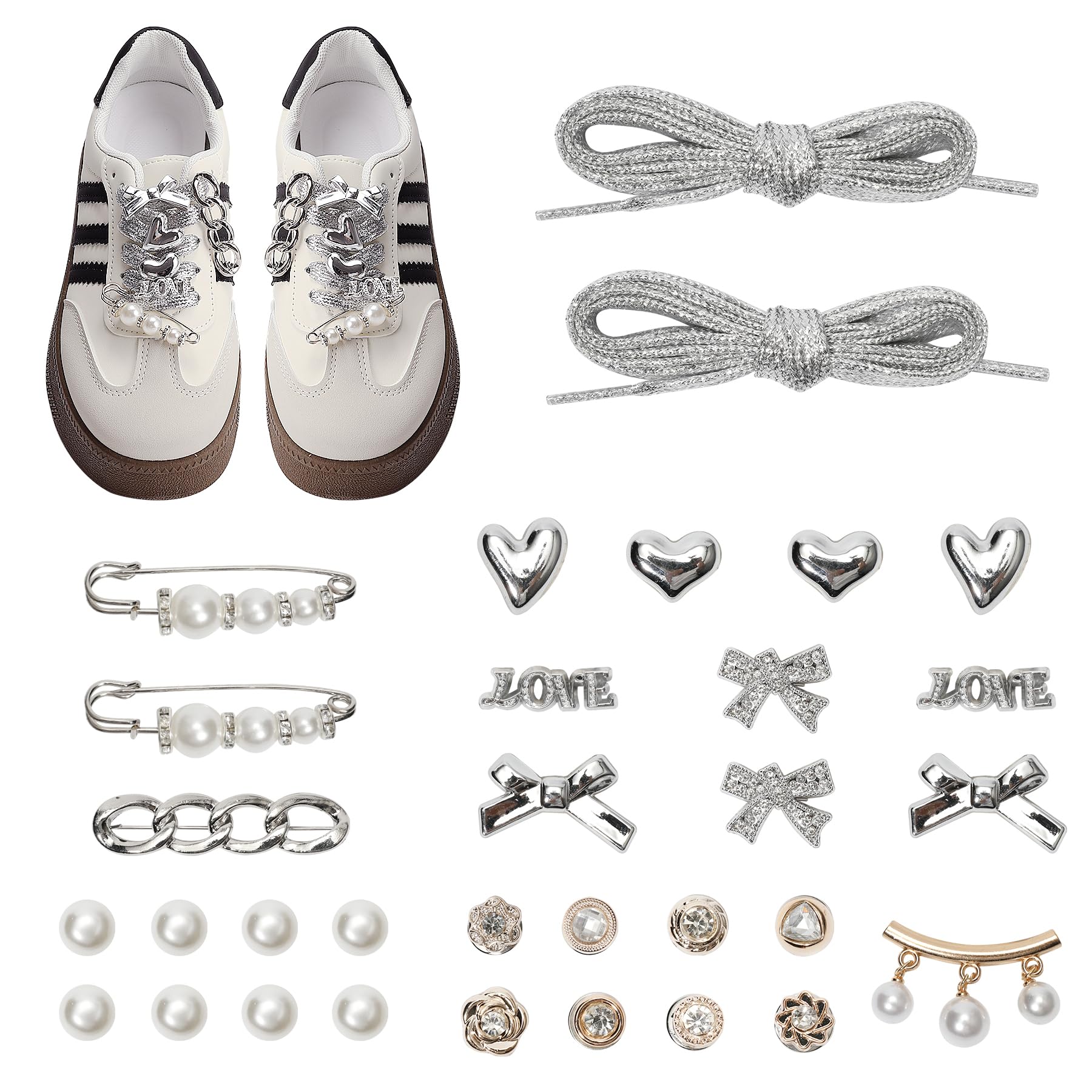 Bellaqueo 34Pcs Flower Shoe Charms for Sneakers Girls, Shoe Lace Charms Clips, Pearl Bows DIY Shoelace Charms, Junk Socks Charms Kit for Women,