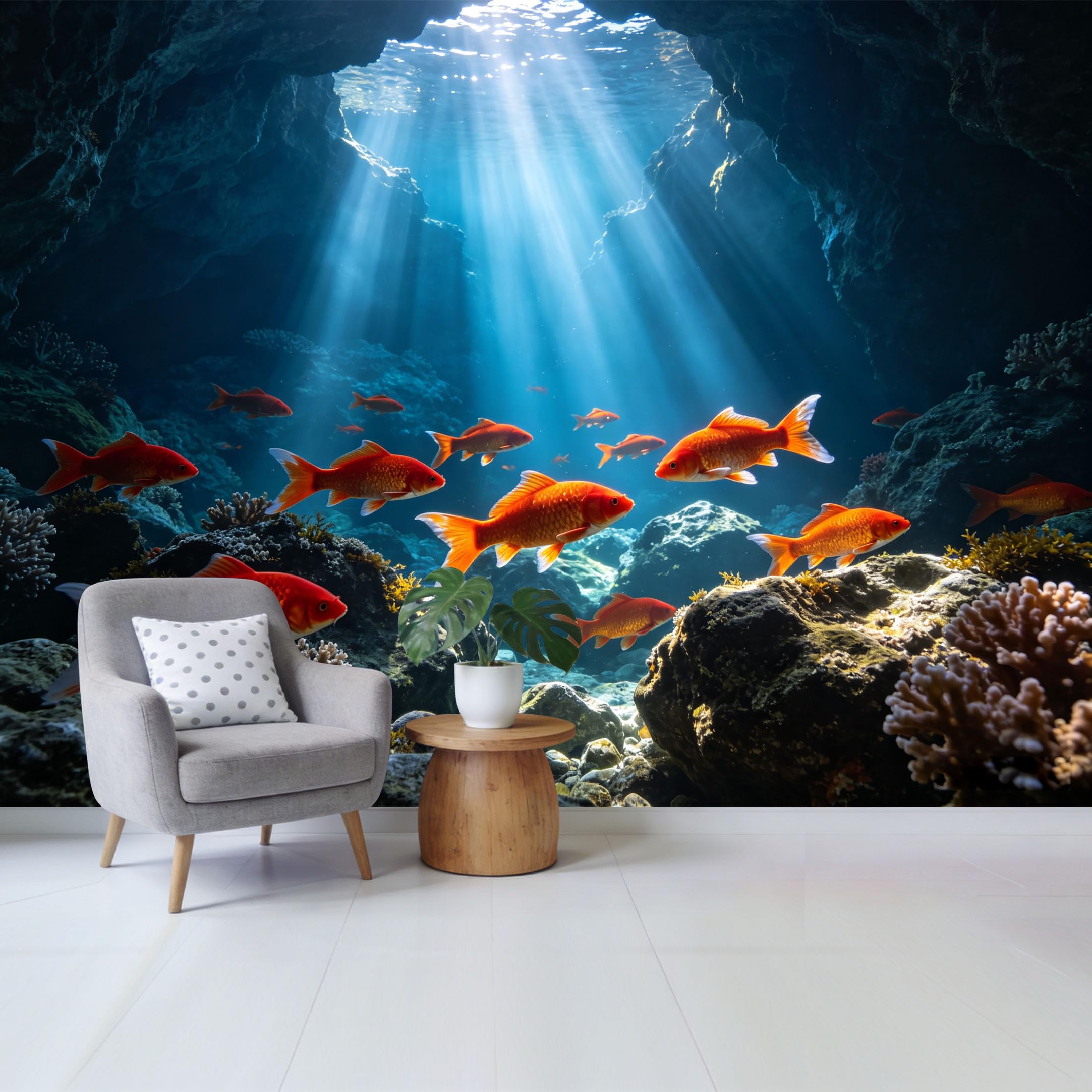 Custom Size Wall Mural Underwater Goldfish Cave Ocean Scenery 3D Trompe L'Oeil SelfAdhesive Wall Fabric Removable Wallpaper for Home Office Decor