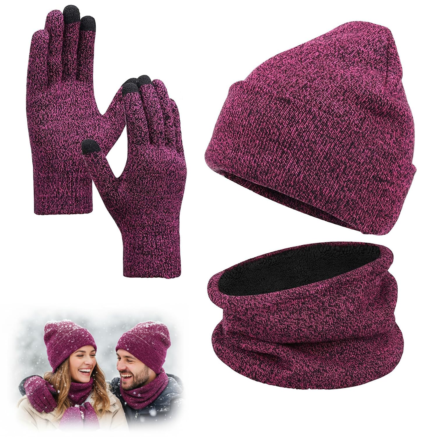KASTWAVE Winter Beanie Hat Scarf Touchscreen Gloves Set, Knit Thick Fleece Lined Warm Touchscreen Gloves Beanie Scarf Set for Men and Women, Women Winter Hats 3-Piece Warmer Gift Box