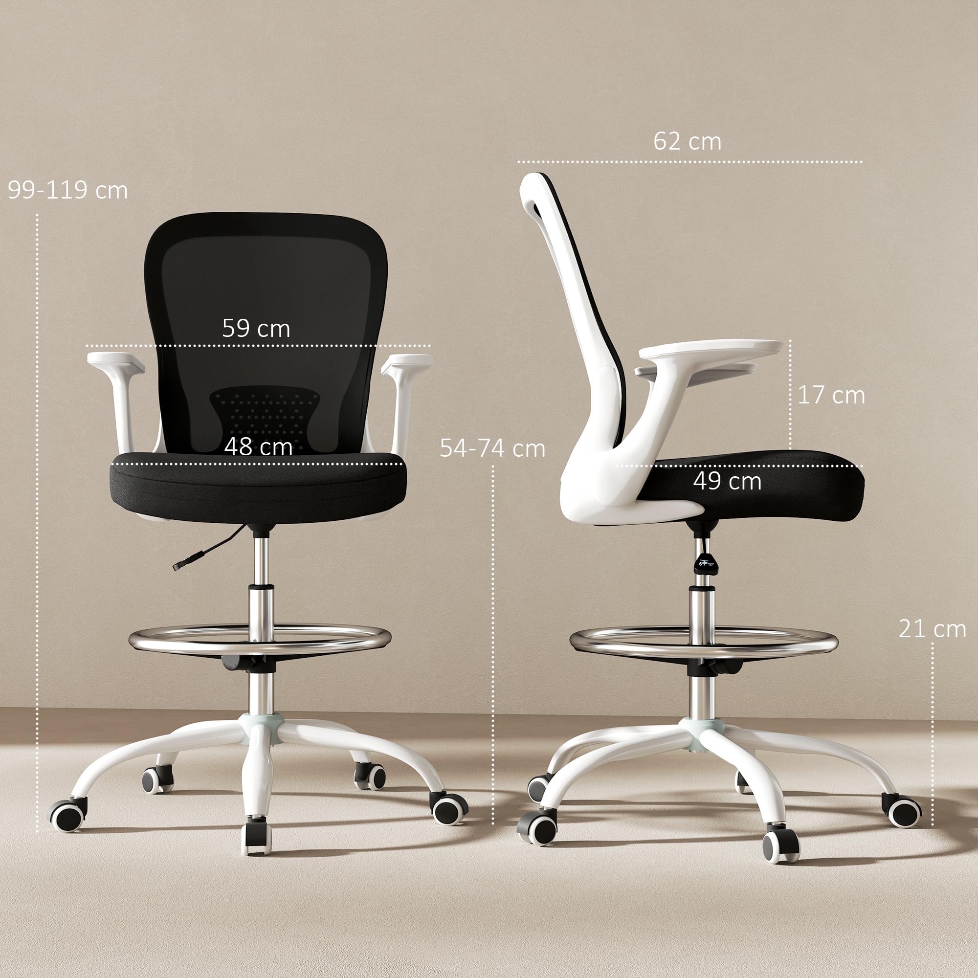 HOMCOM Chaise de bureau haute ergonomique avec accoudoirs rabattables, dossier en maille, soutien lombaire, anneau de pied réglable, roues pivotantes, pour bureau debout, noir et blanc