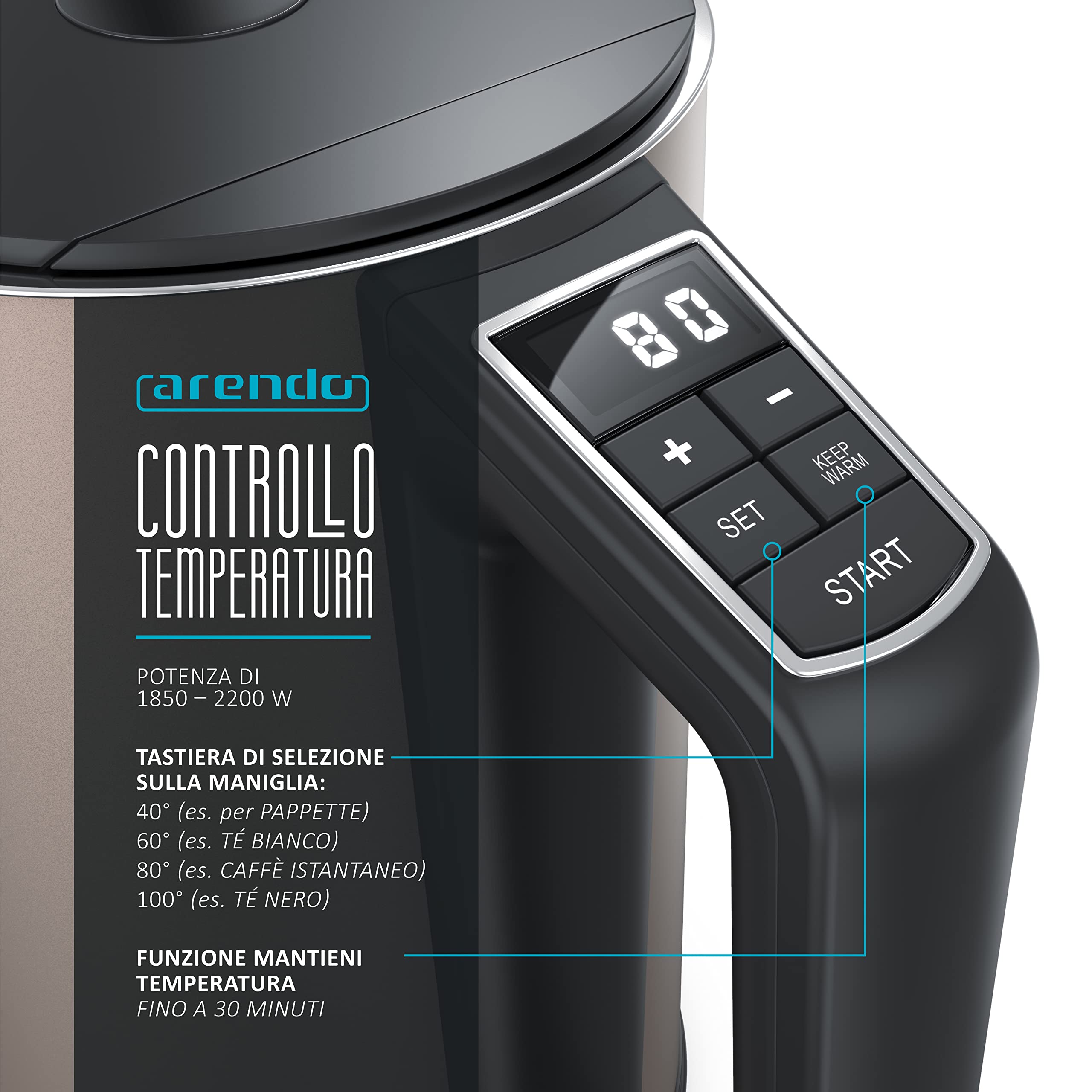 arendo - Bollitore Acqua Elettrico da 1.5L 2200W - Eco Controllo Temperatura - Temperatura Regolabile 40-100°C - Parete Doppia - in Acciaio Inossidabile - Senza BPA - Bronzo