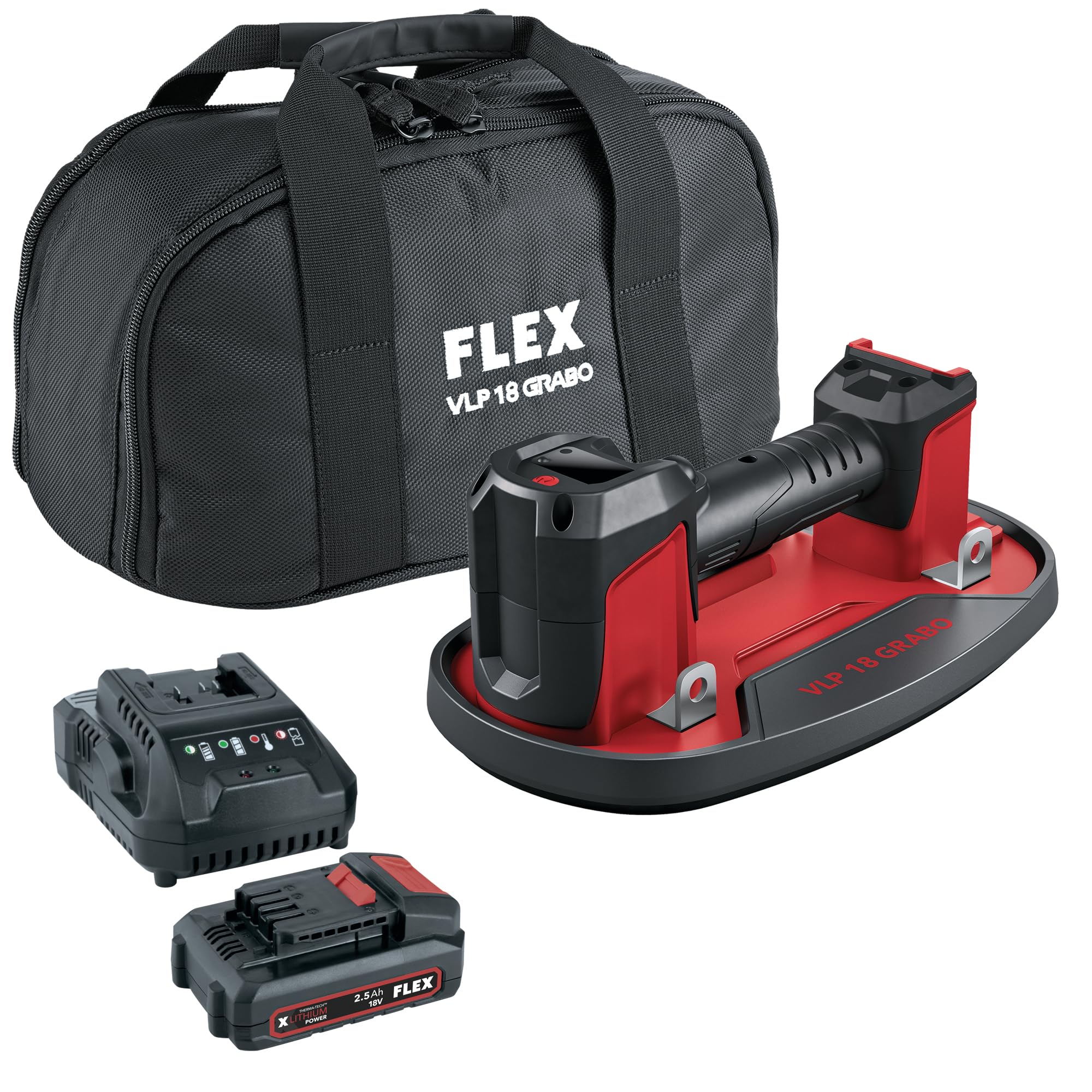 Flex Akku-Vakuumheber VLP Grabo + Akku 2.5 Ah + Ladegerät CA 18.0-LD (schwarz, rot, Akku-Vakuumheber 18 V + Akku 2,5 Ah mit Ladegerät und Akku-Pack 18 V mit integriertem Entladeschutz) 534509