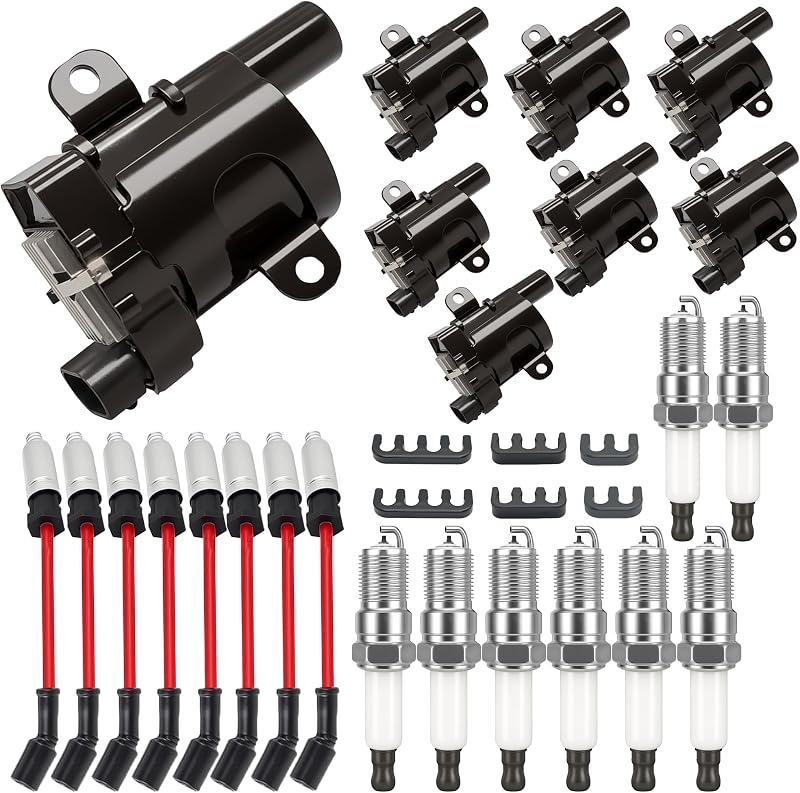 Kit de bobinas de ignição redondas UF262 com velas de ignição de irídio duplo e cabos para Chevrolet, GMC e HUMMER V8 – 1 conjunto