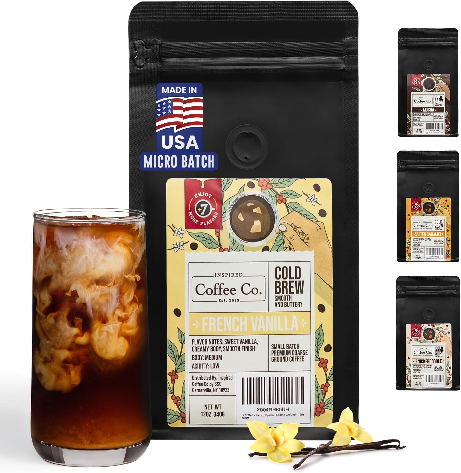 French Vanilla - Flavored Cold Brew Coffee Grounds for Coarse Grind for French Presses - Inspired Coffee Co. Local Coarse Ground Coffee for Cold Brew - Resealable Bag 12 oz