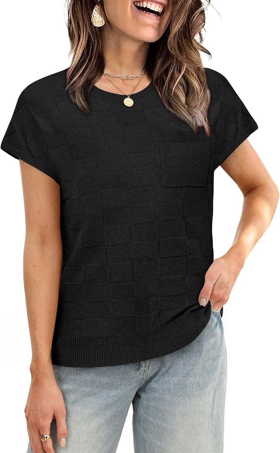 WIHOLL Short Sleeve Sweater for Women Crew Neck Trendy Summer Tops 2026 Travel Business Casual Spring Outfits with Pocket - Image 2