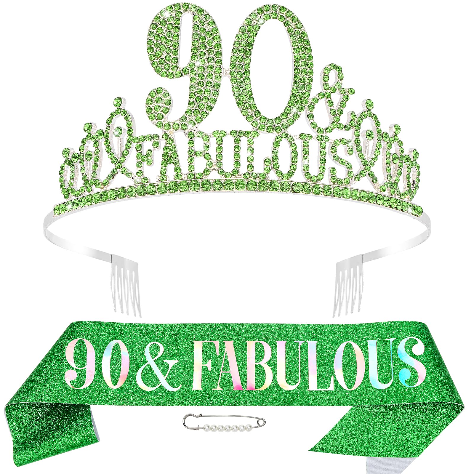 Hapdoo 90th Birthday Decorations for Women, 90th Birthday Gifts Sash and Crown for Women Set, 90 & Fabulous Party Supplies, Green